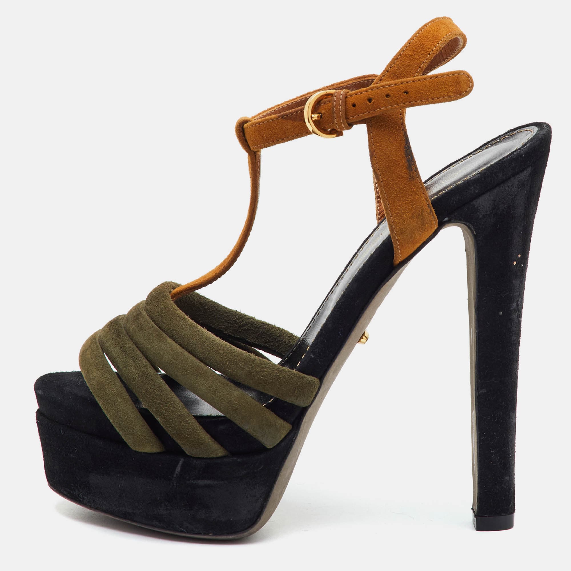 Sergio Rossi Size 34.5 Multicolor Suede Colorblock T-Strap Platform Sandals