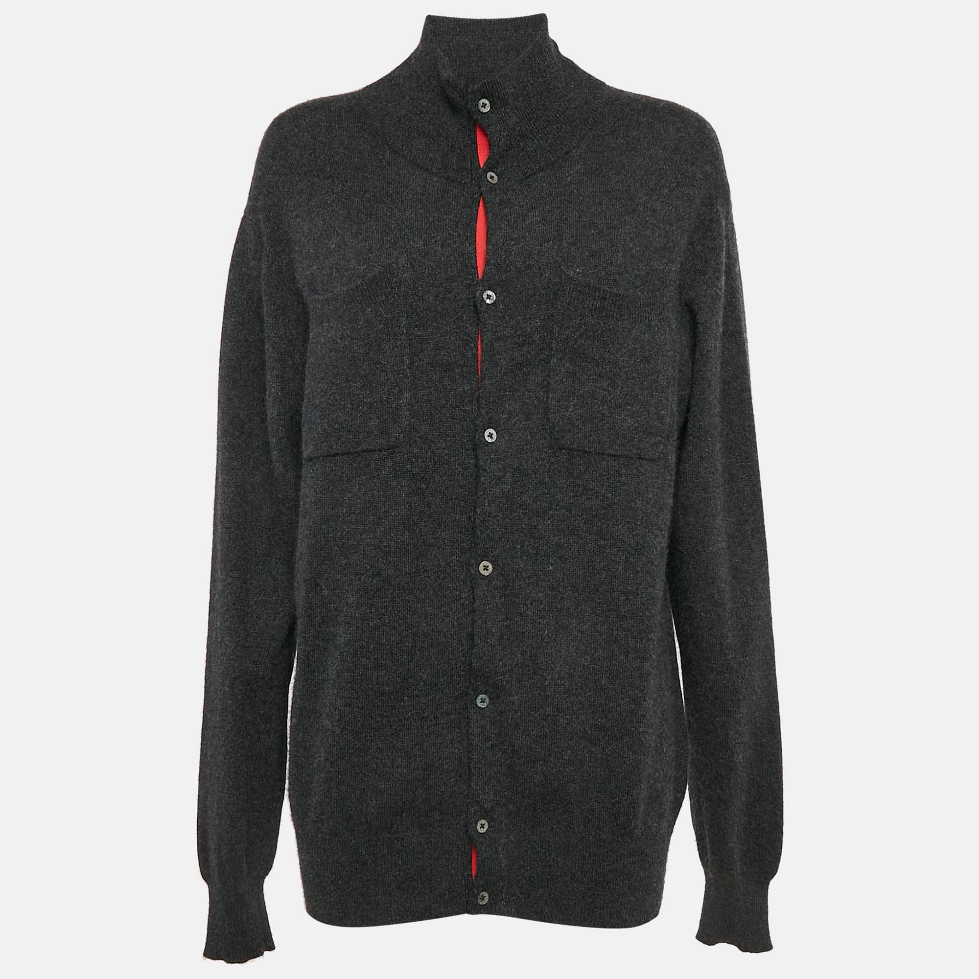 Shanghai Tang Grey Cashmere Blend Button Front Cardigan L