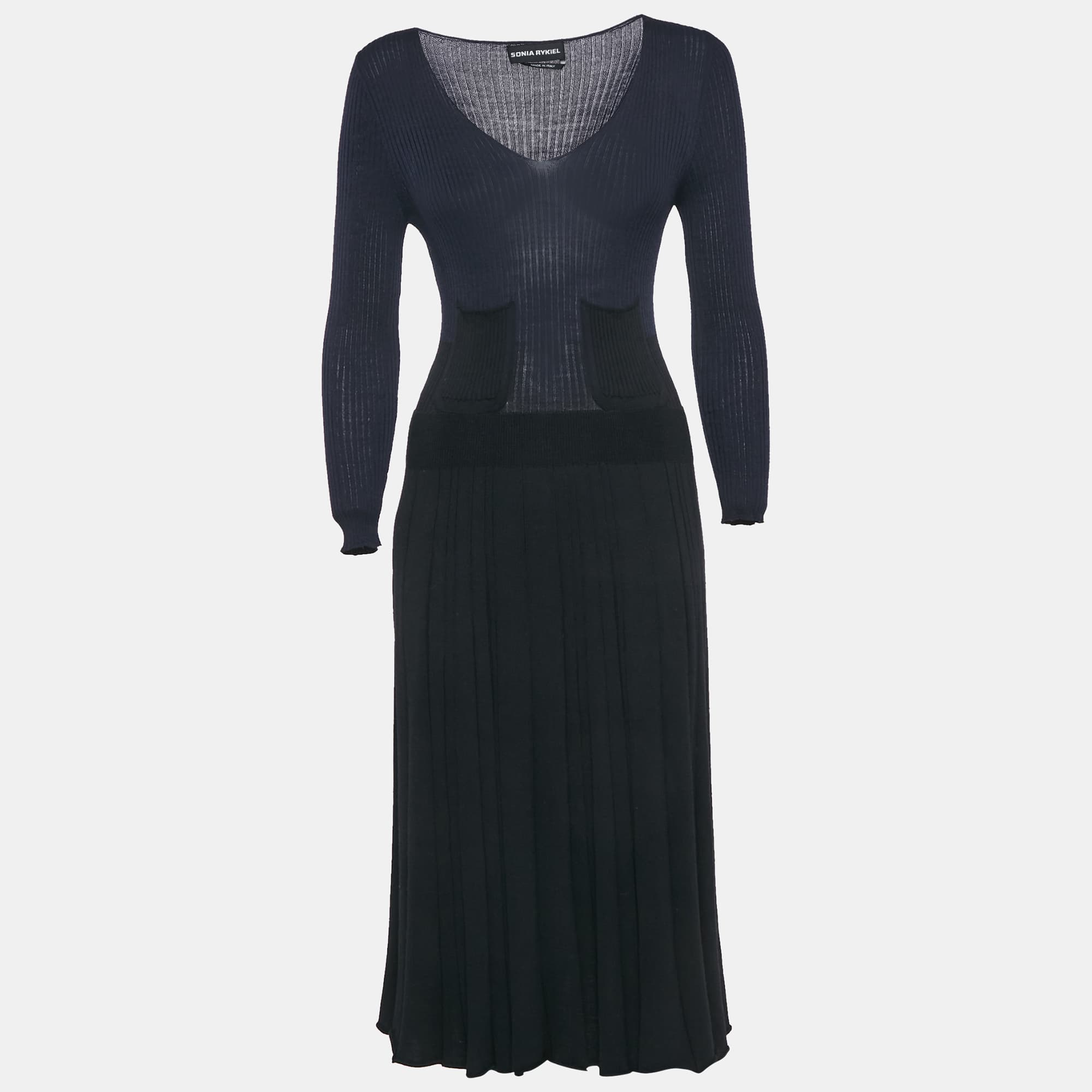 Sonia Rykiel Navy Blue/Black Rib Knit V-Neck Midi Dress M