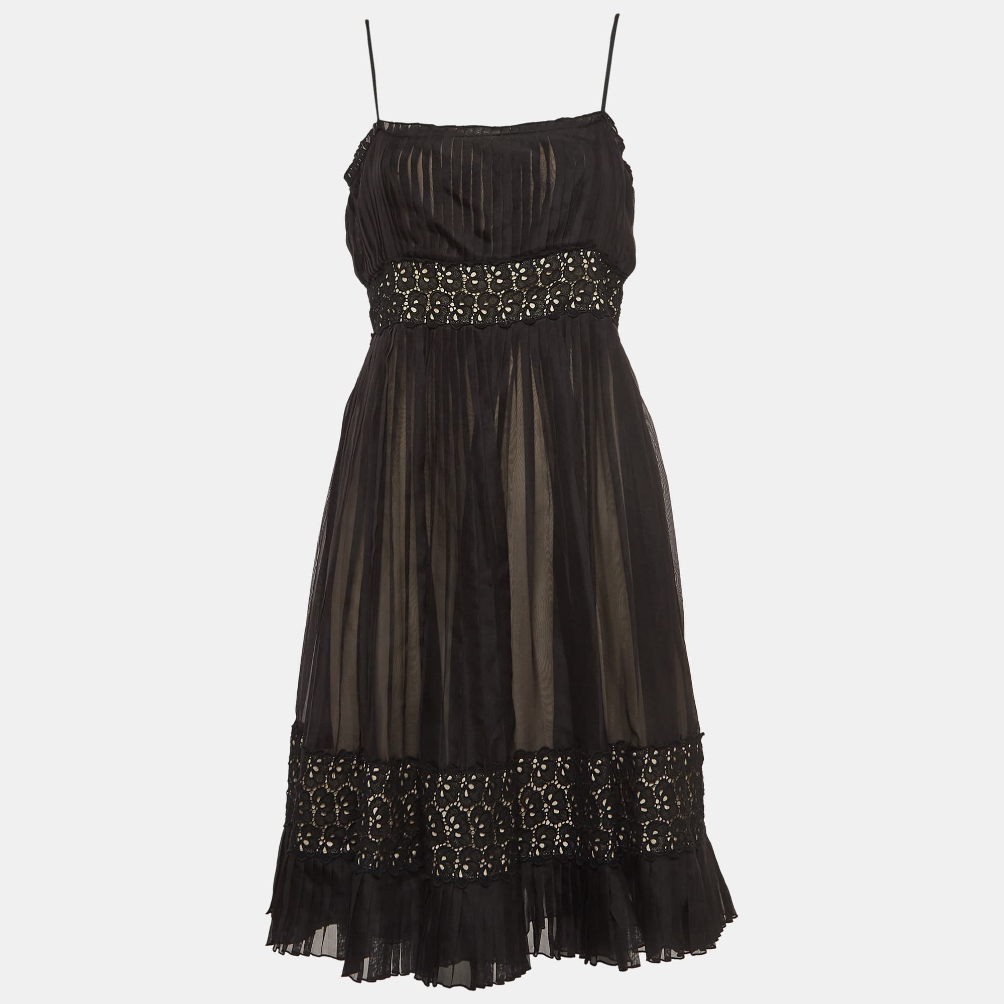 Sportmax Black Lace Trim Silk Pleated Midi Empire Dress L