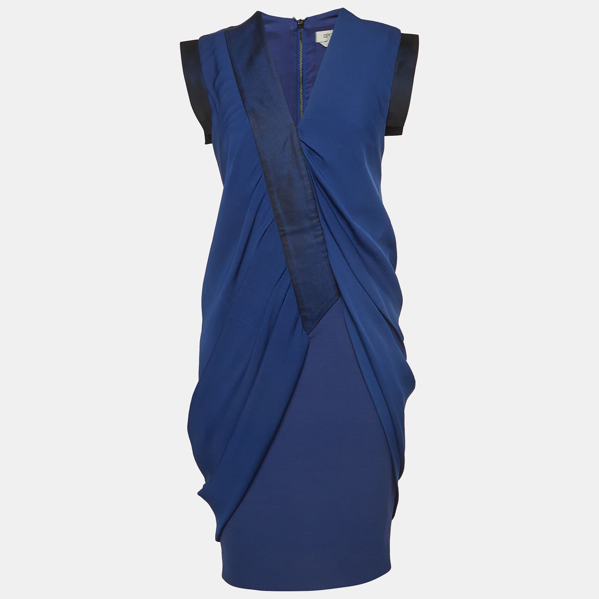 Sportmax Blue Gabardine and Satin Draped Style Sheath Dress S