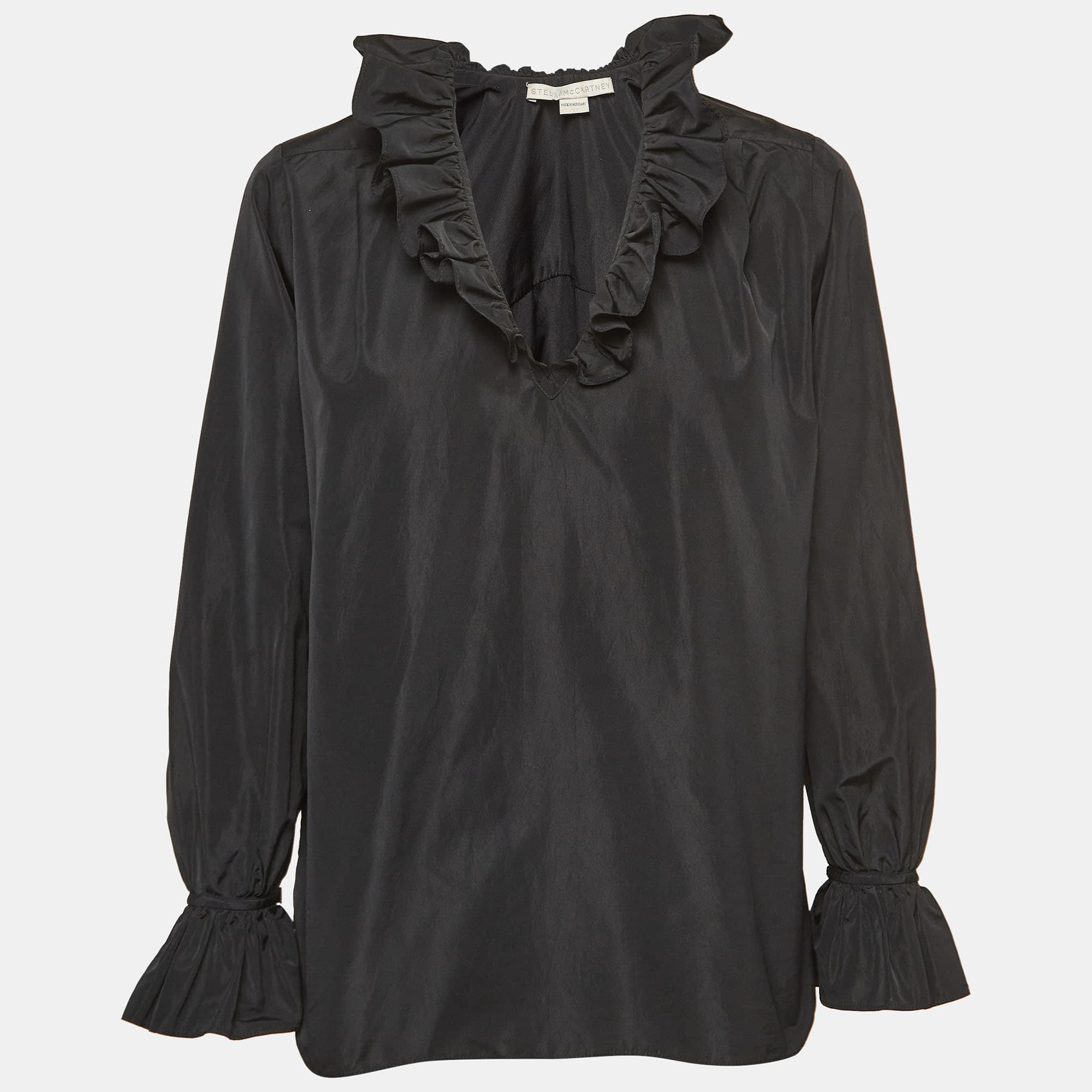 Stella McCartney Black Silk Blend Crepe Ruffled V Neck Top S