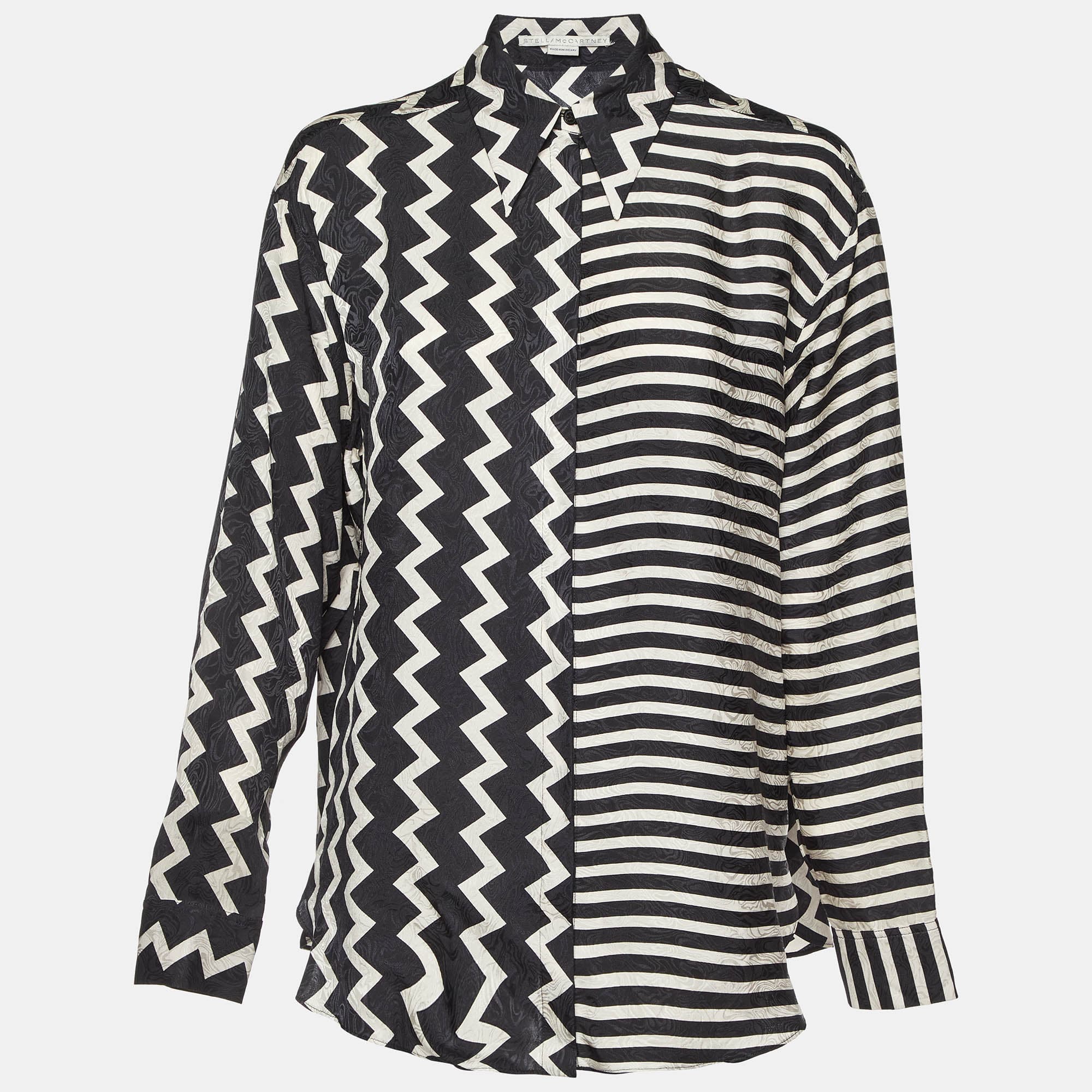 Stella McCartney Black/White Chevron & Stripes Print Jacquard Silk Shirt S
