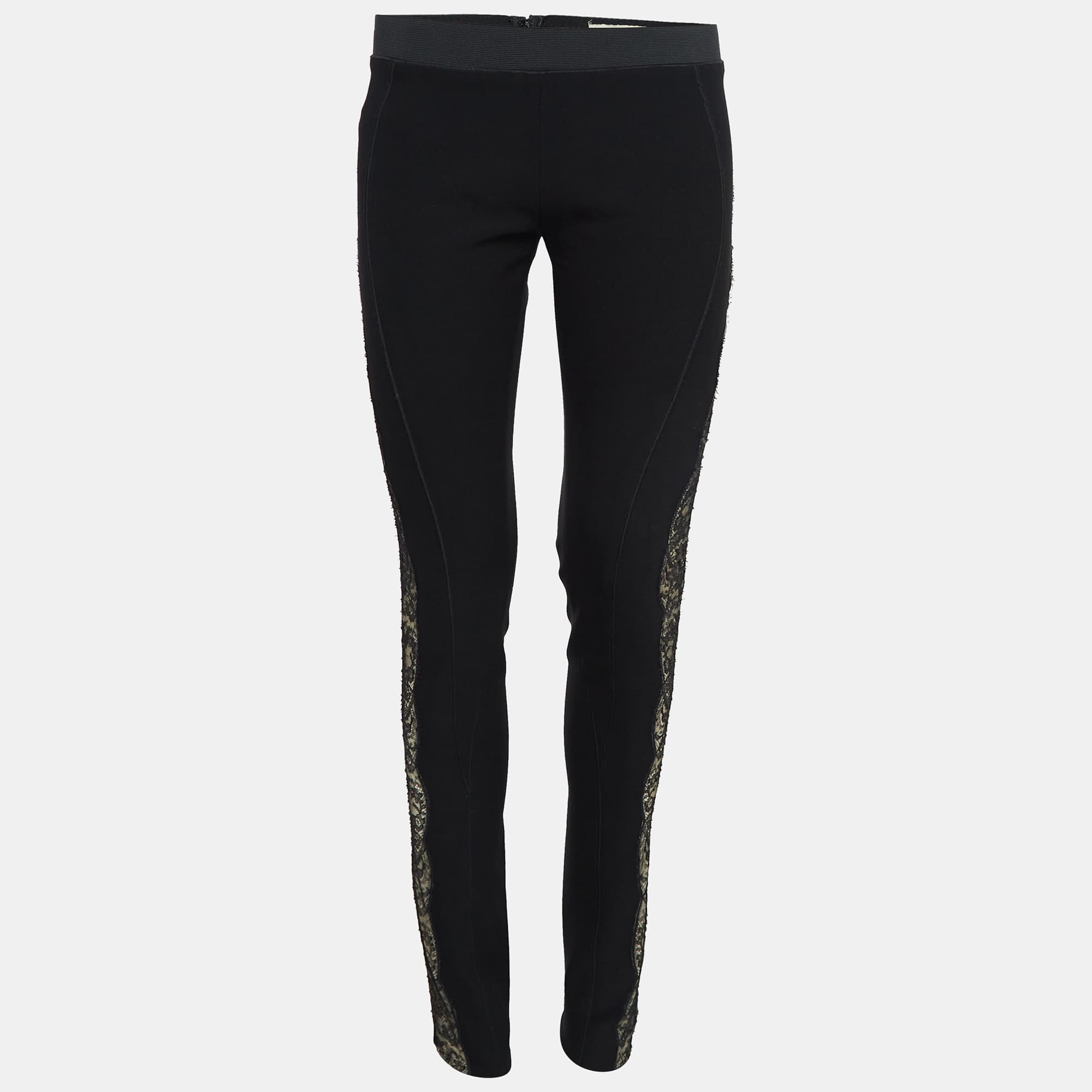 Stella McCartney Black Sheer Lace Side Trim Stretch Wool Trousers M