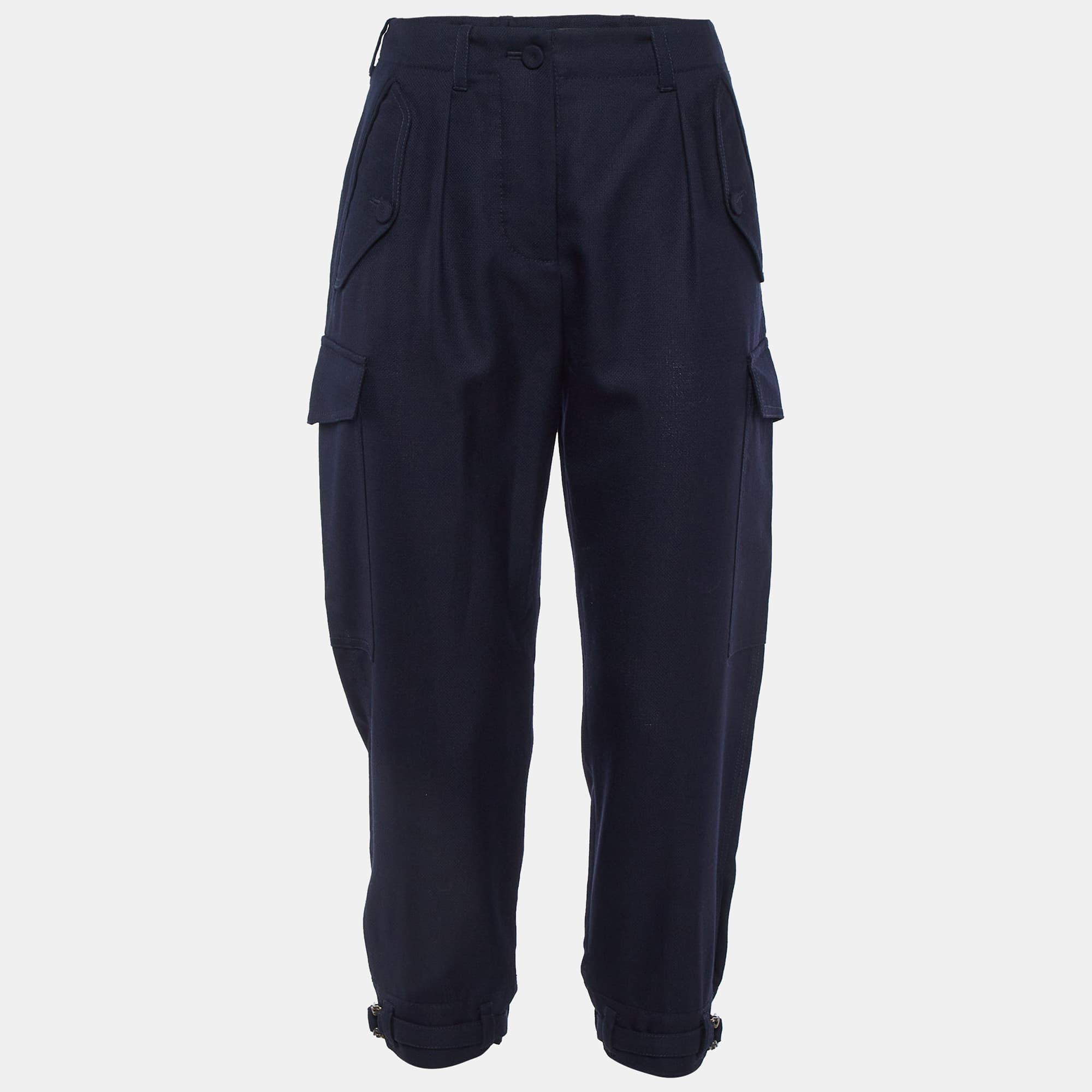 Stella McCartney Navy Blue Wool Belted Cuff Detail Trousers M
