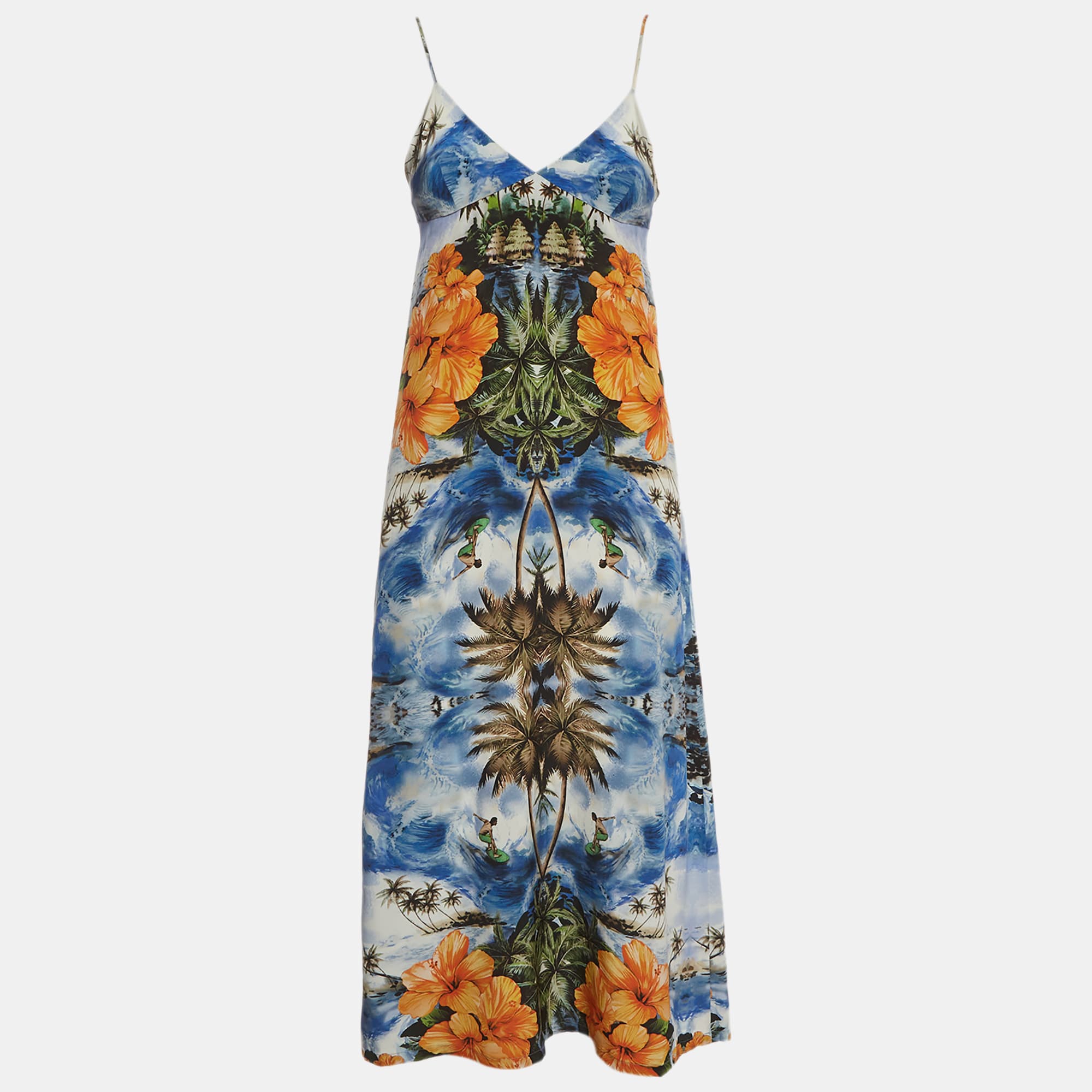 Stella McCartney Tropical Hawaiian Print Silk Strappy Midi Dress S
