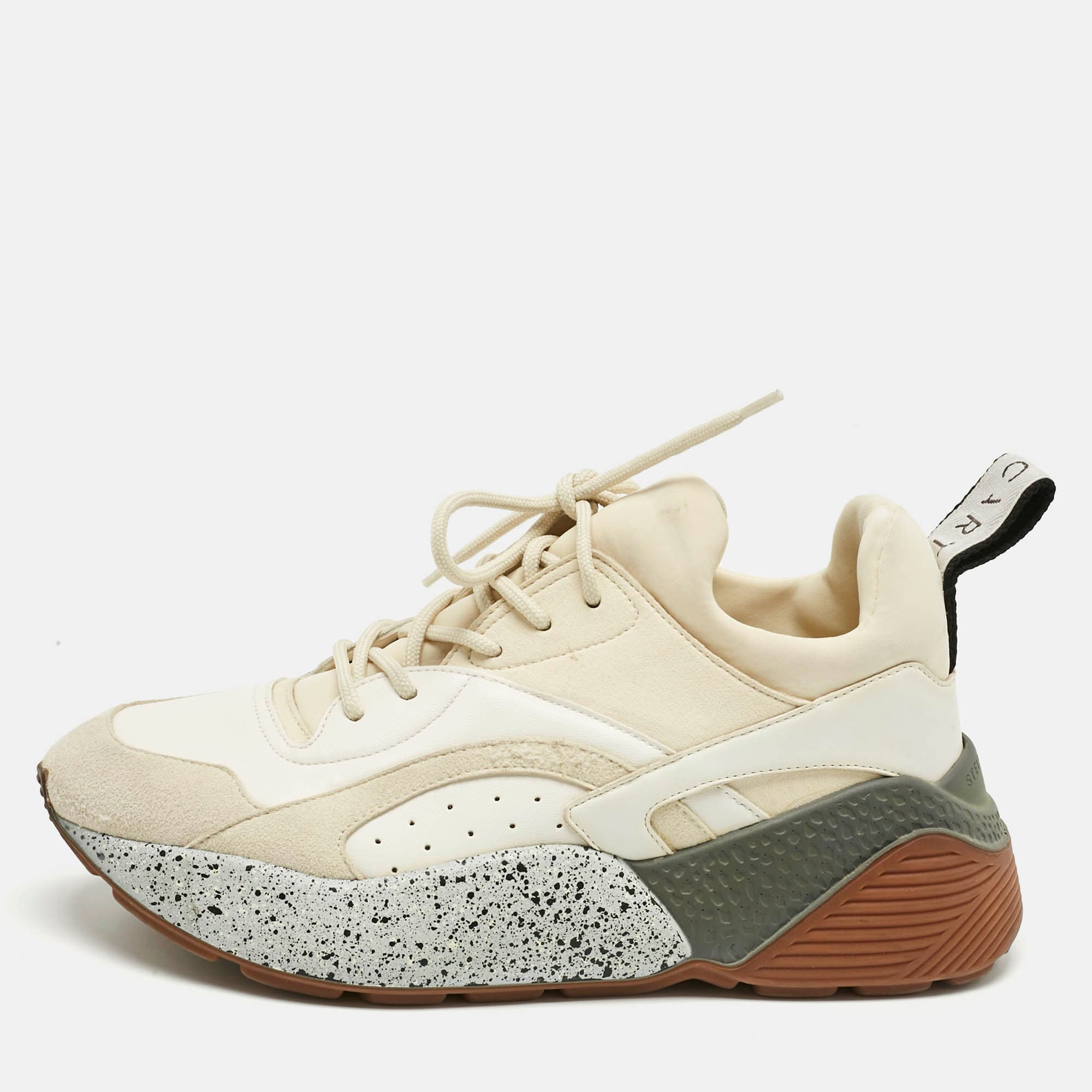 Stella McCartney Cream/White Fabric and Faux Leather Eclypse Lace Up Sneakers Size 39