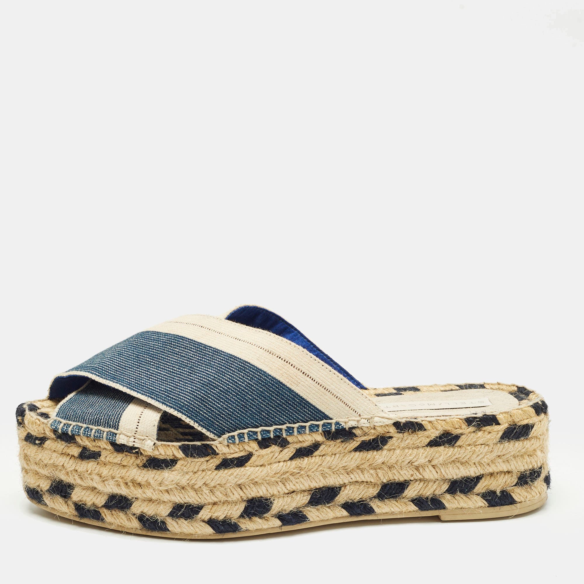 Stella McCartney Size 39 Navy Blue/Beige Canvas Criss Cross Espadrille Platform Sandals