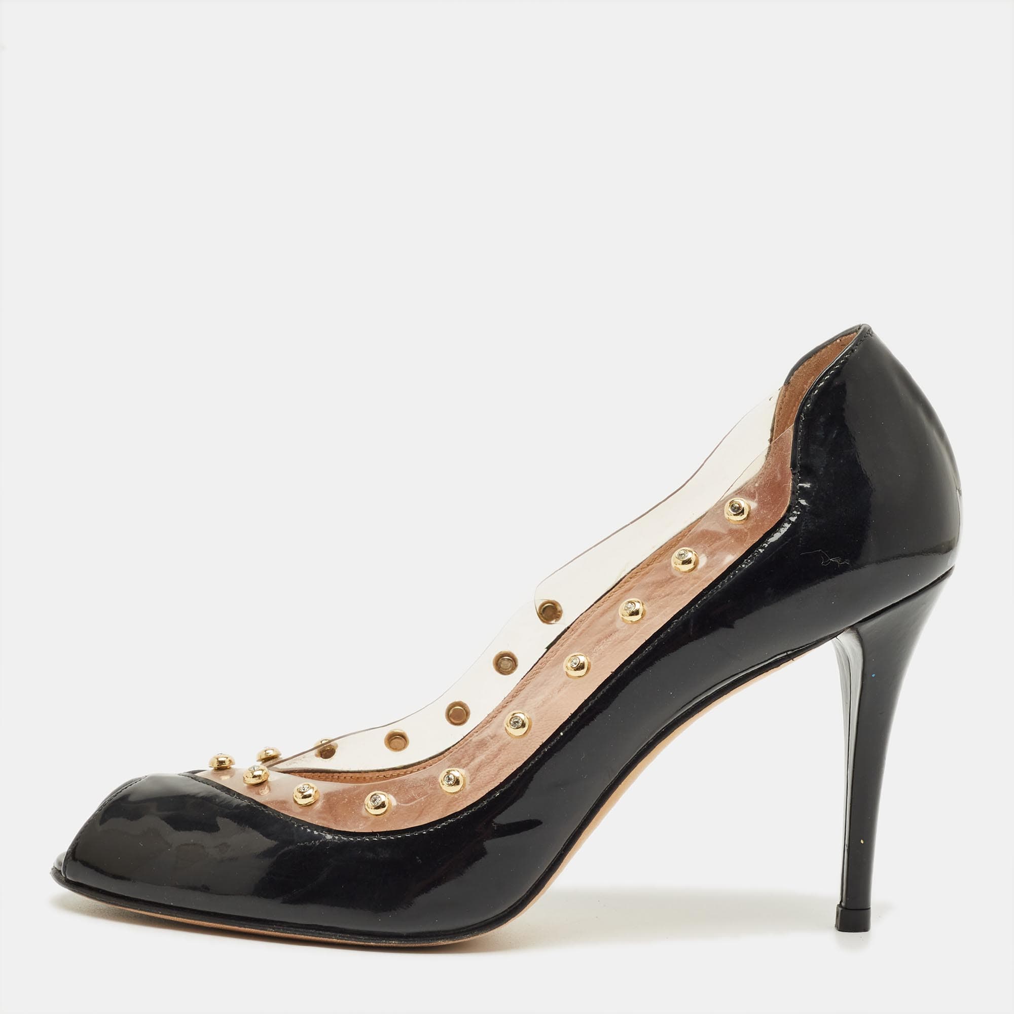 Stuart Weitzman Black/Transparent Patent Leather And PVC Peep Toe Pumps Size 40