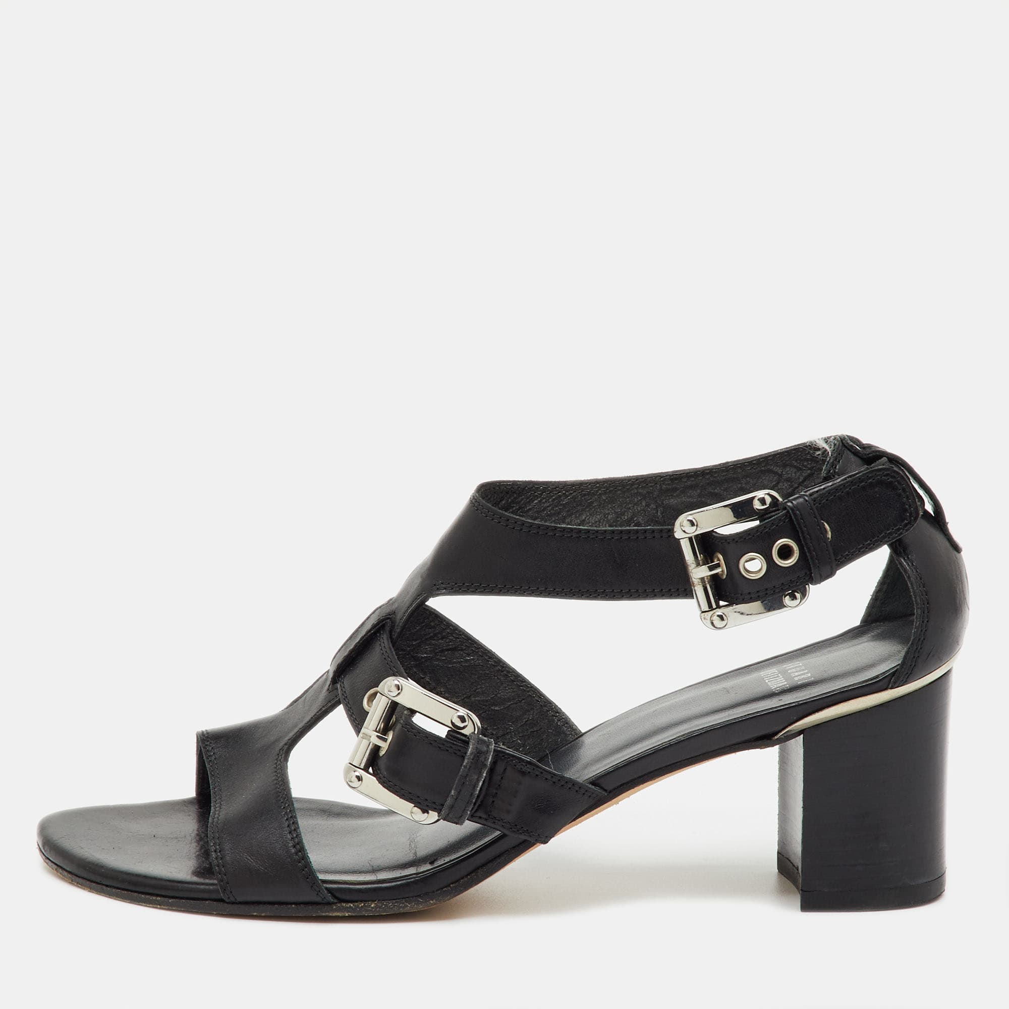 Stuart Weitzman Black Leather Buckle Detail Sandals Size 39