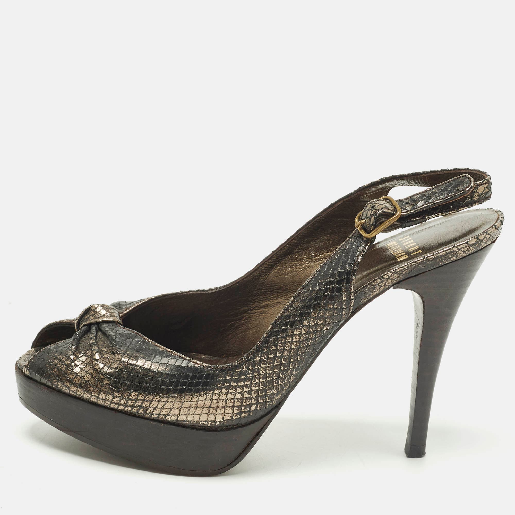 Stuart Weitzman Size 38 Metallic Snakeskin Embossed Leather Knot Slingback Peep Toe Pumps