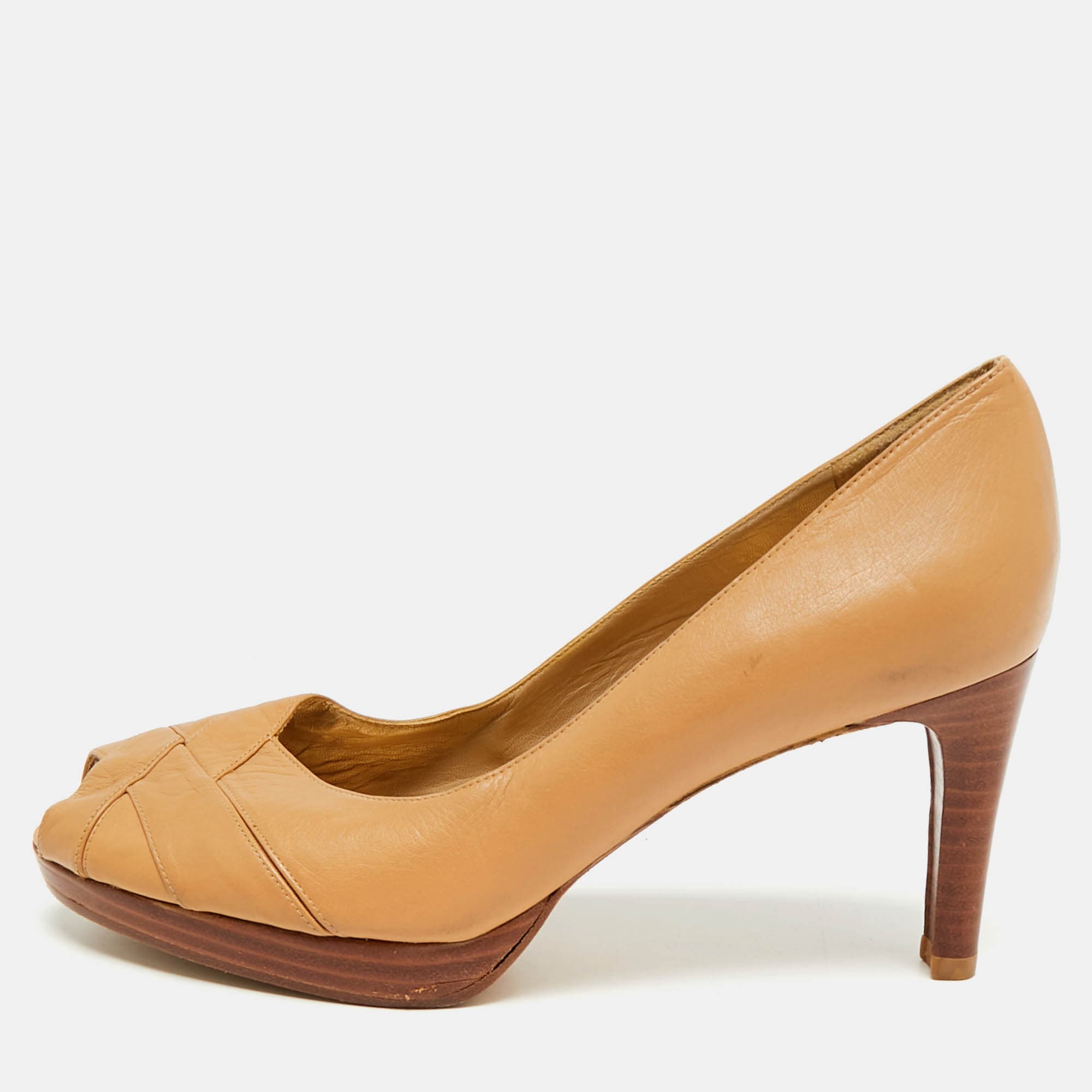 Stuart Weitzman Size 39 Beige Leather Platform Peep Toe Pumps