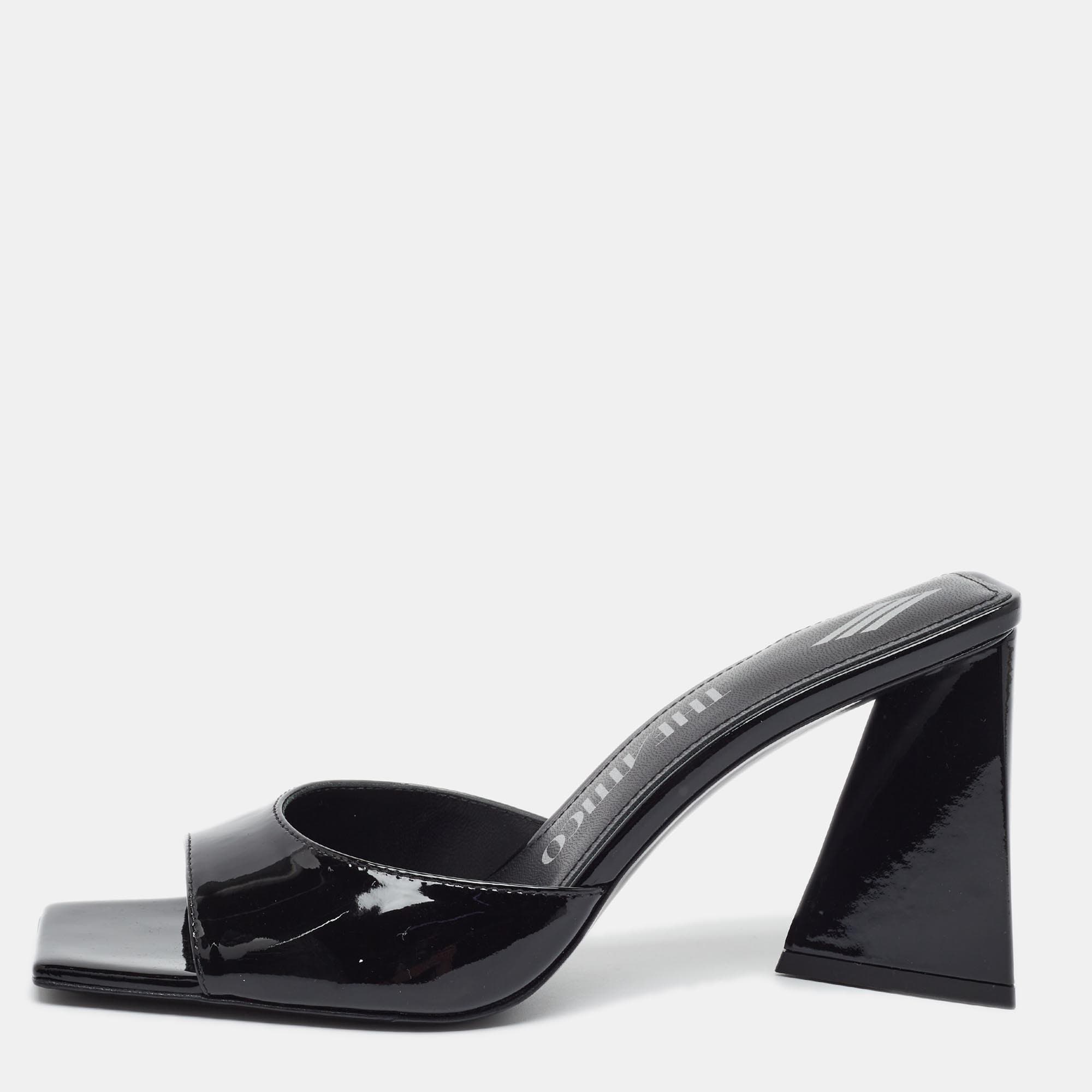 The Attico Devon Size 37.5 Black Patent Leather Heel Block Slide Sandals