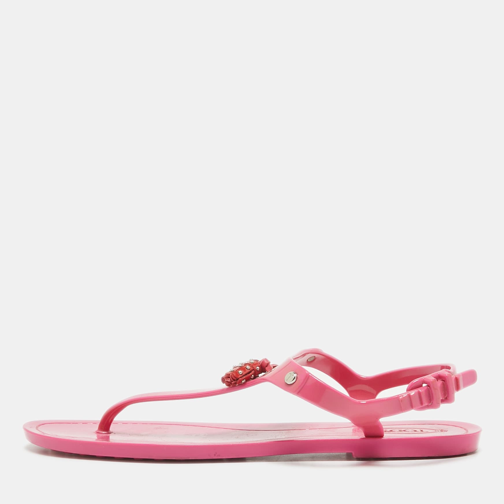 Tod's Pink Rubber Studded Tassel Thong Flat Sandals Size 39