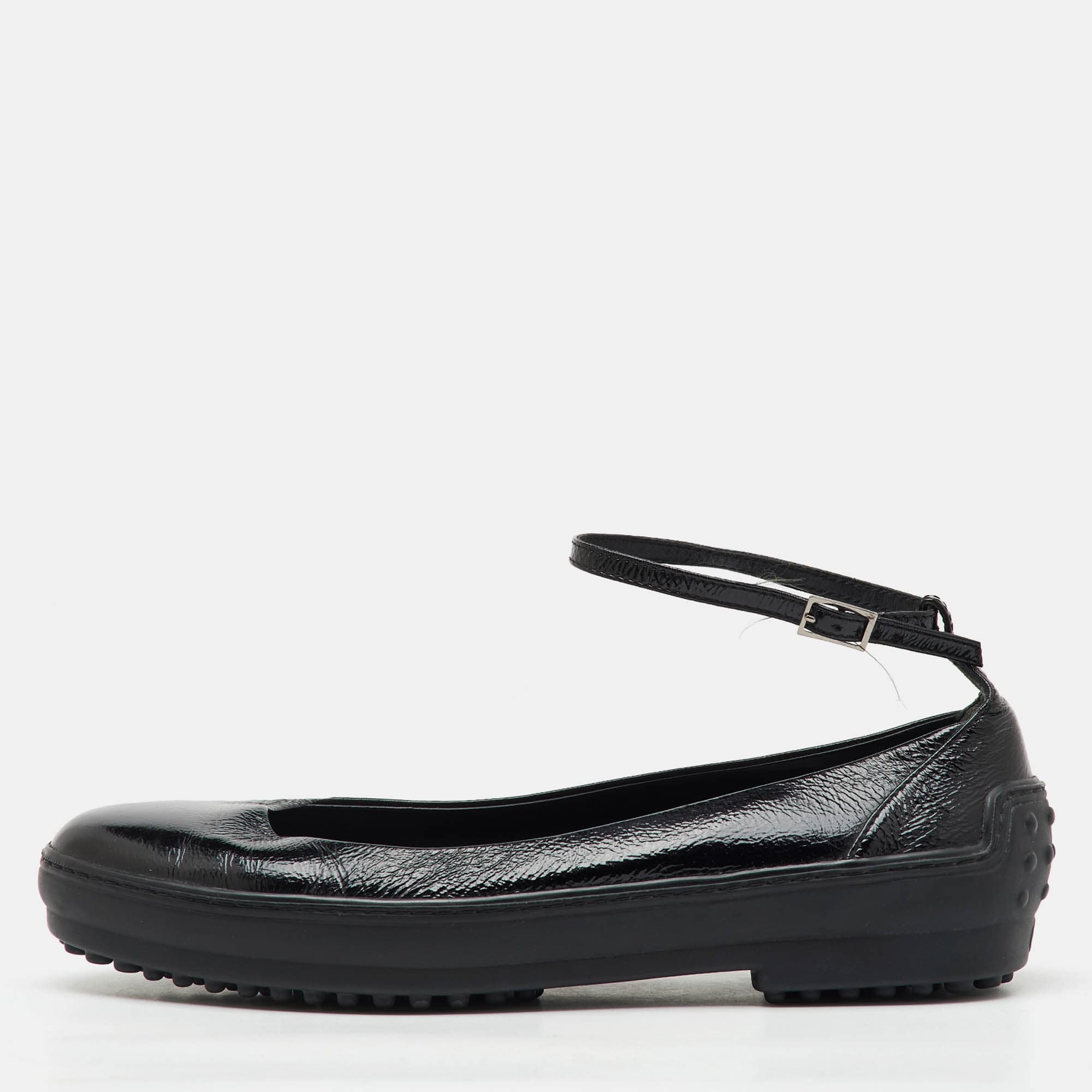 Tod's Black Patent Leather Ankle Strap Ballet Flats Size 38