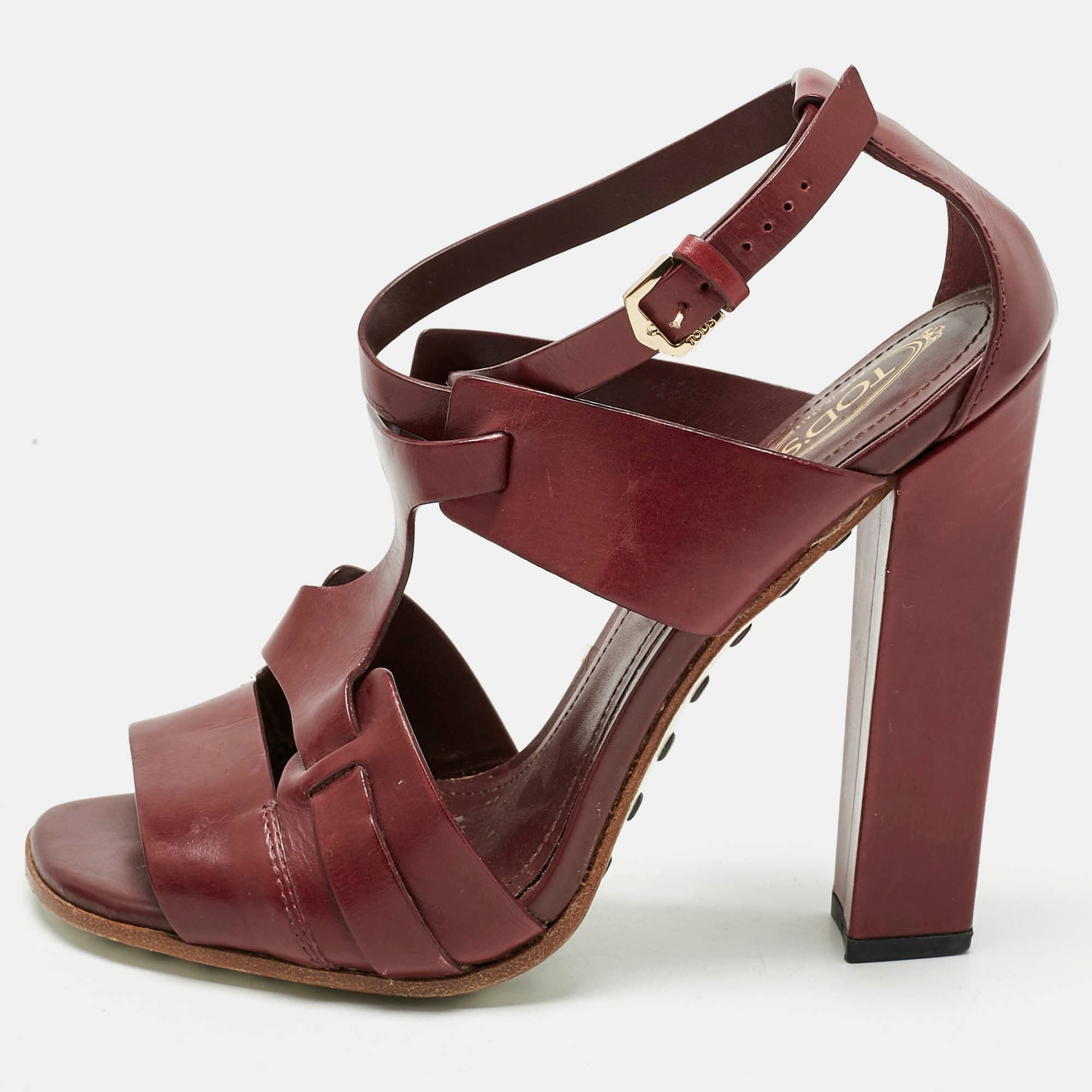 Tod's Brown Leather Ankle Strap Block Heel Sandals Size 36.5