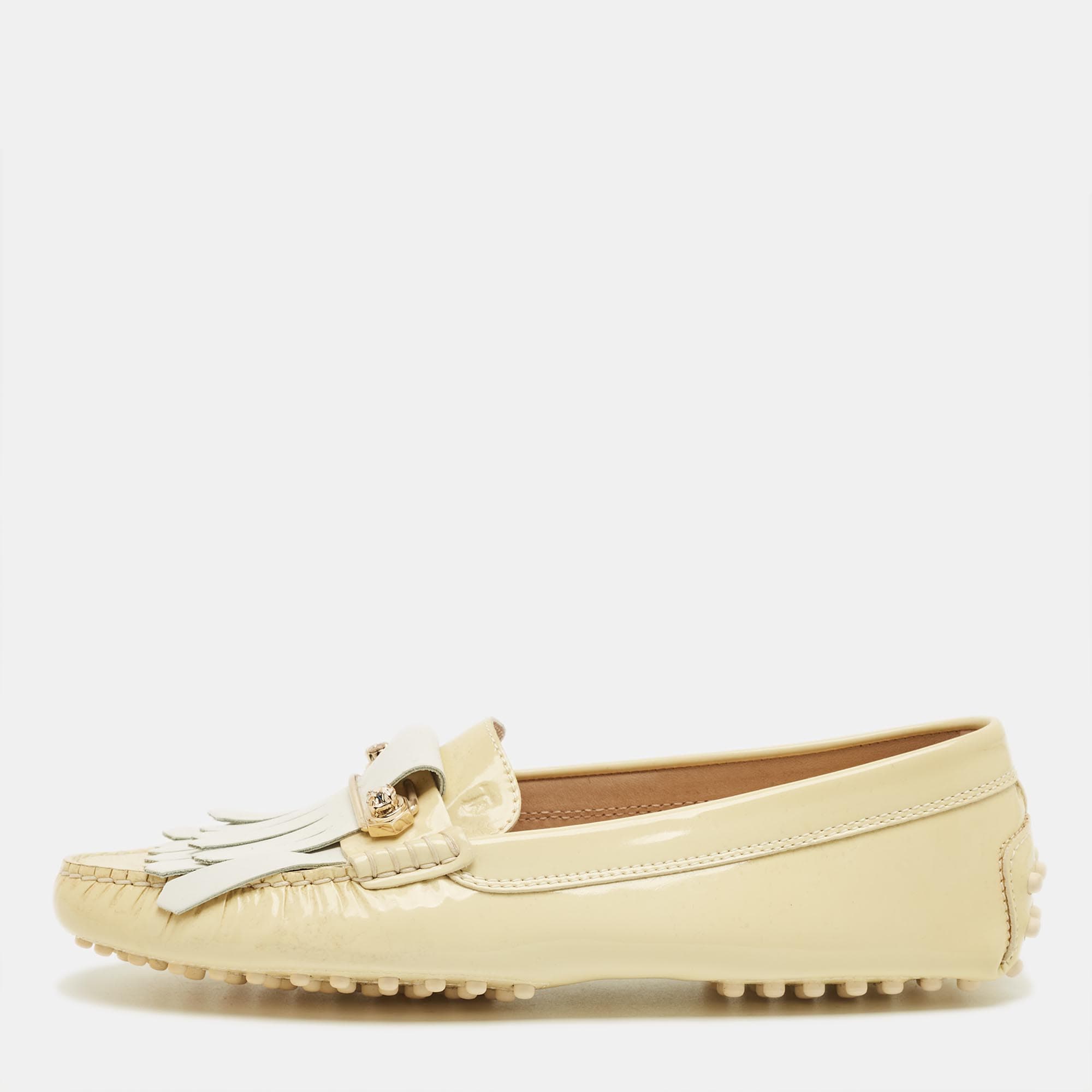 Tod's Beige/White Patent Leather Buckle Detail Fringe Loafers Size 39
