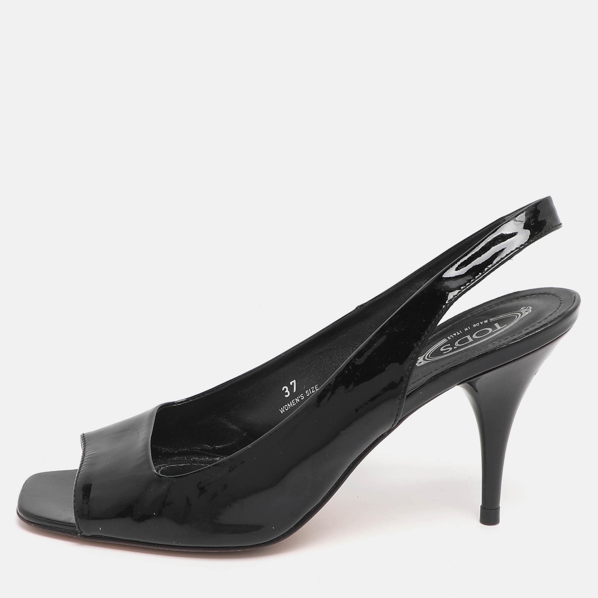 Tod's Size 37 Black Patent Leather Slingback Sandals