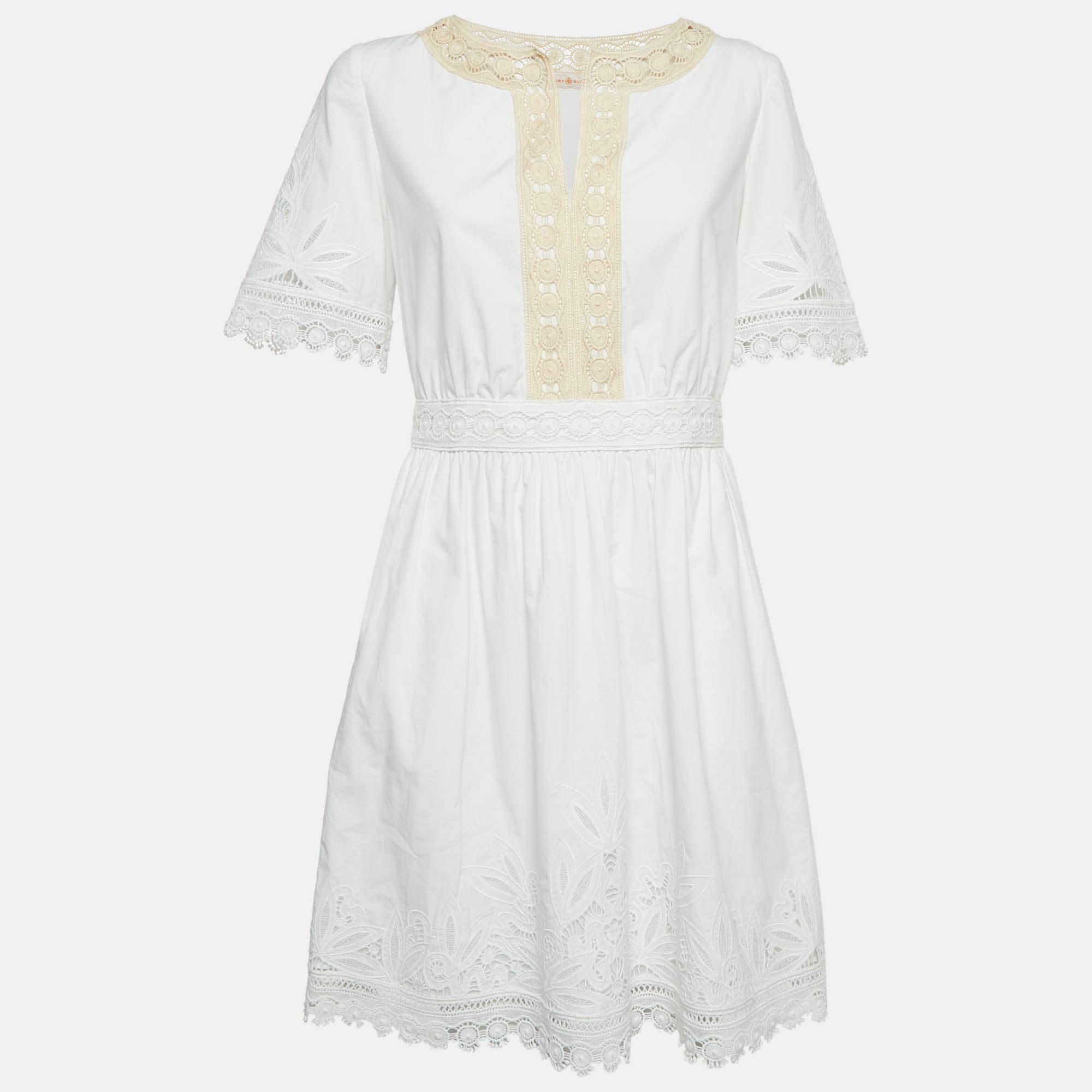 Tory Burch White Cotton Lace Trimmed Larissa Mini Dress S