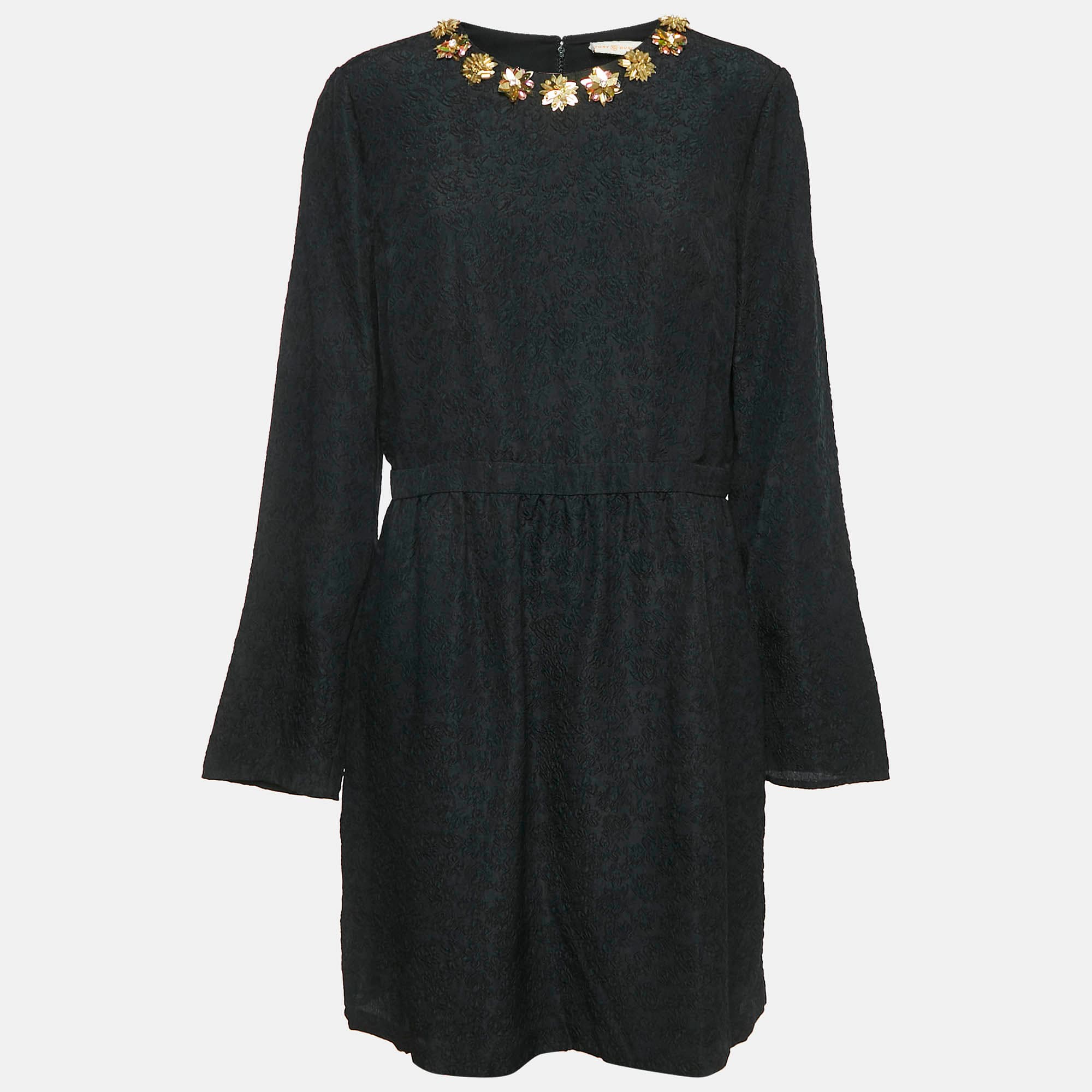 Tory Burch Black Floral Embossed Silk Blend Embellished Short Dress XL