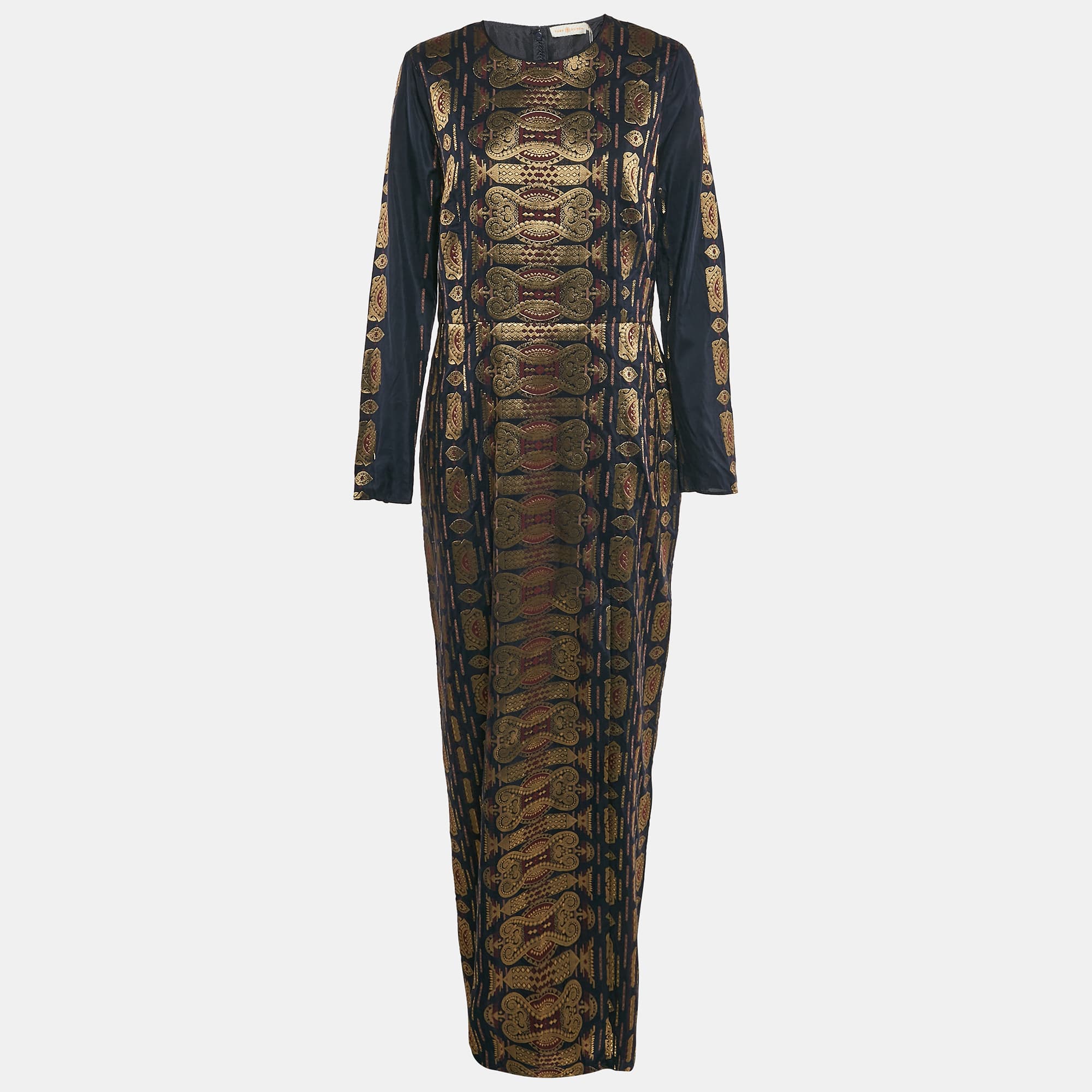 Tory Burch Navy Blue Lurex Jacquard Long Sleeve Maxi Dress L