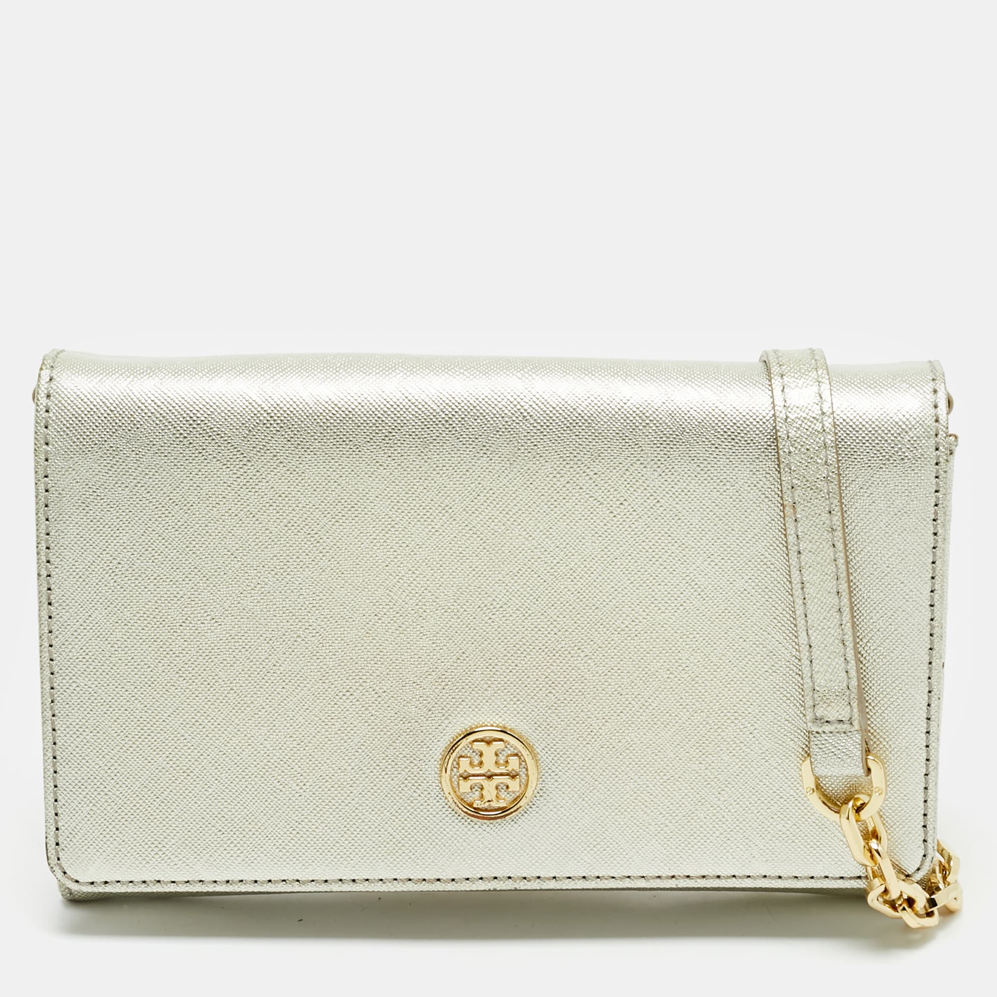 Tory Burch Robinson Silver Leather Wallet On Chain