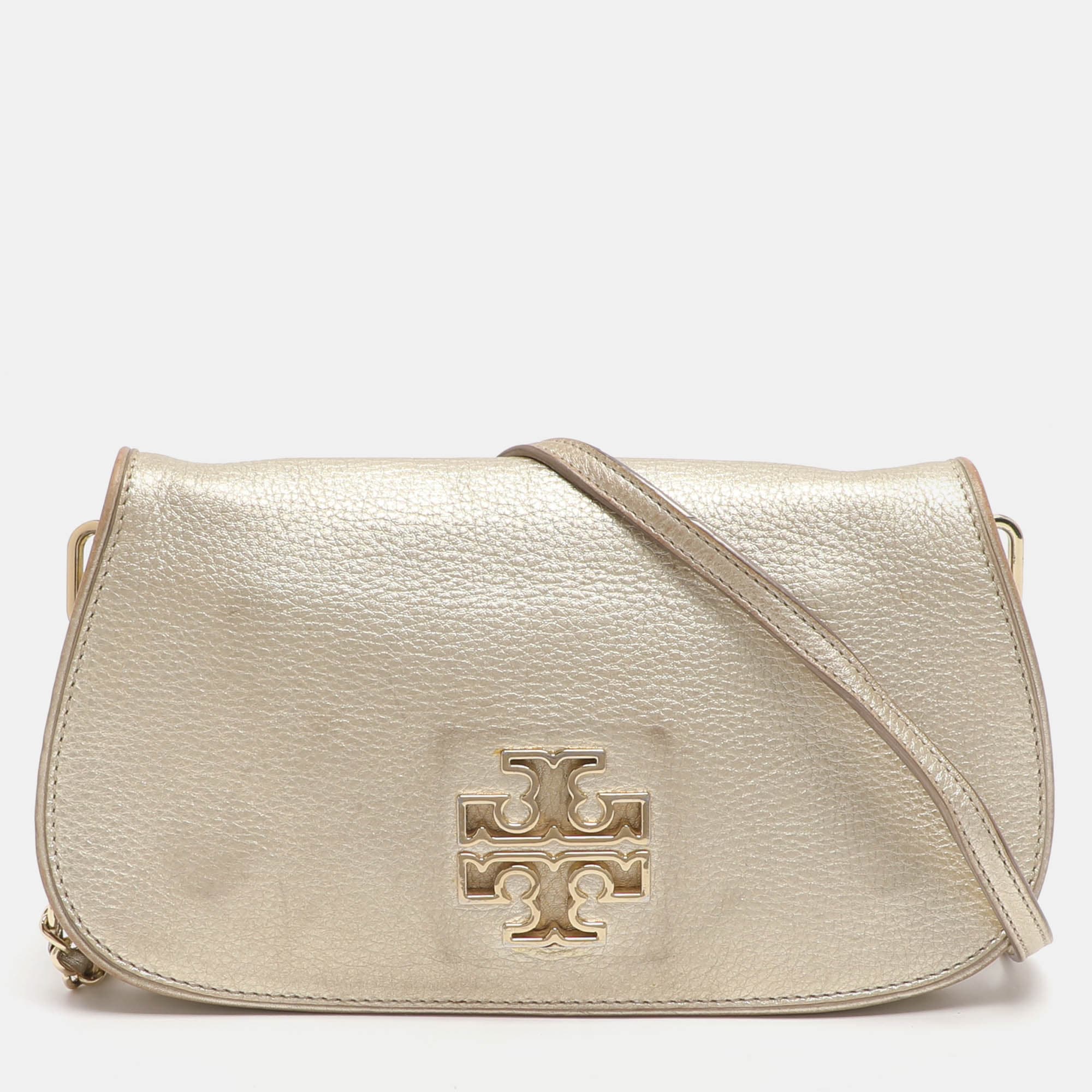 Tory Burch Britten Gold Leather Flap Crossbody Bag