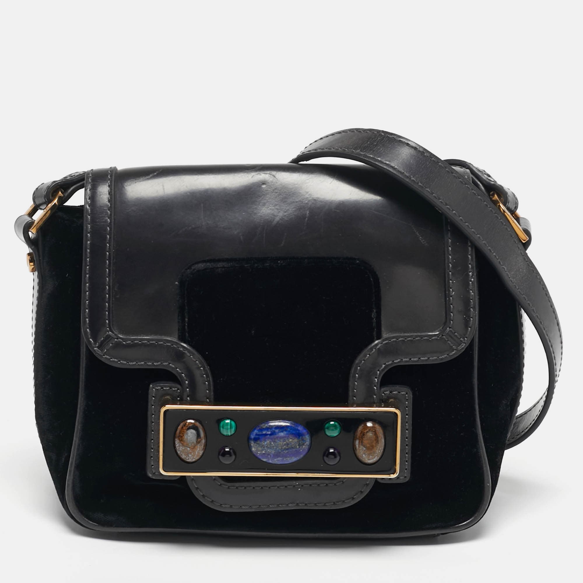 Tory Burch Crystal Embellished Black Leather and Velvet Flap Crossbody Bag