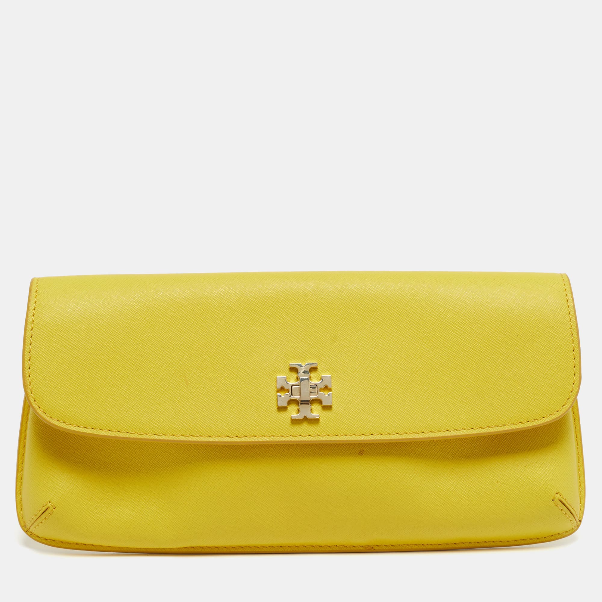 Tory Burch Diana Yellow Saffiano Leather Flap Clutch