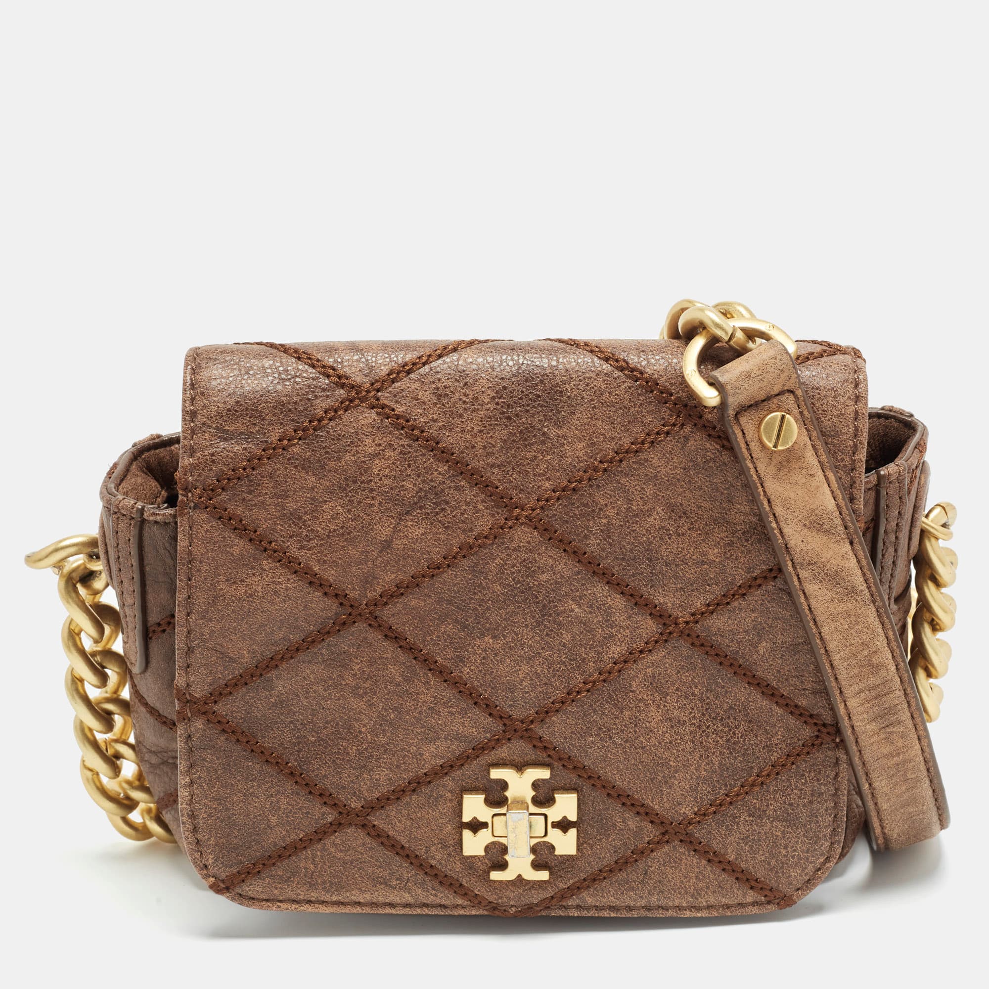 Tory Burch Kira Brown Quilted Leather Crossbody Bag