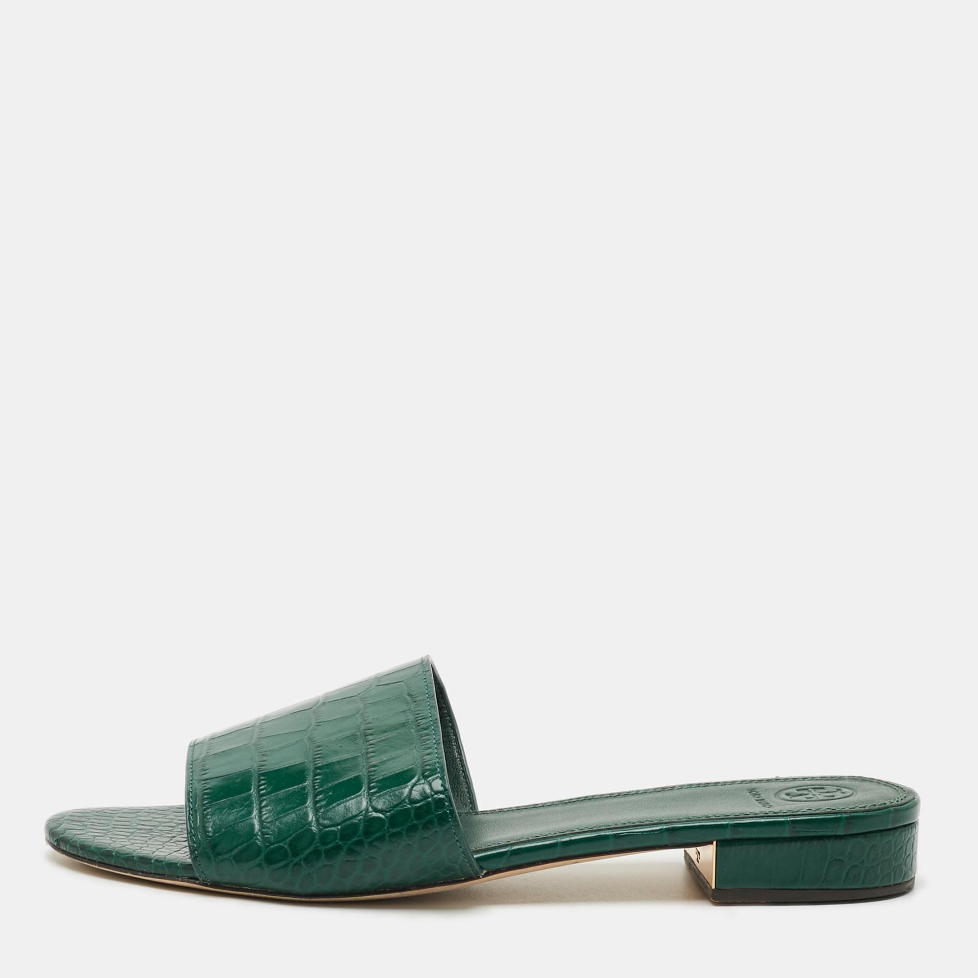 Tory Burch Size 40 Green Croc Embossed Leather Flat Slides
