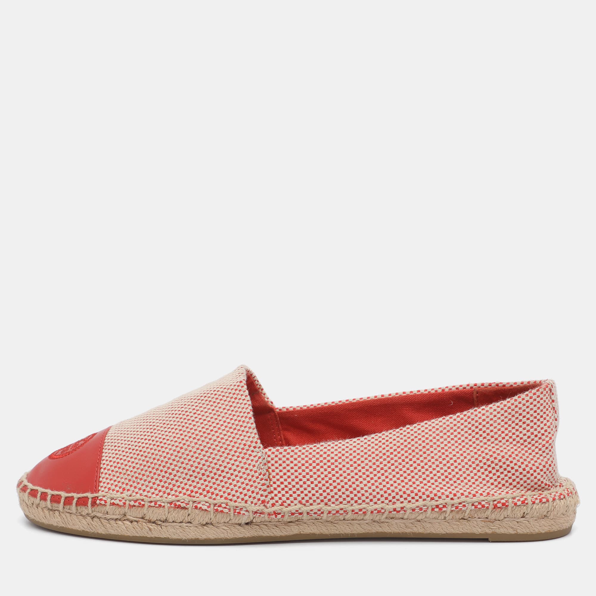 Tory Burch Size 38 Red/White Canvas and Leather Espadrille Flats