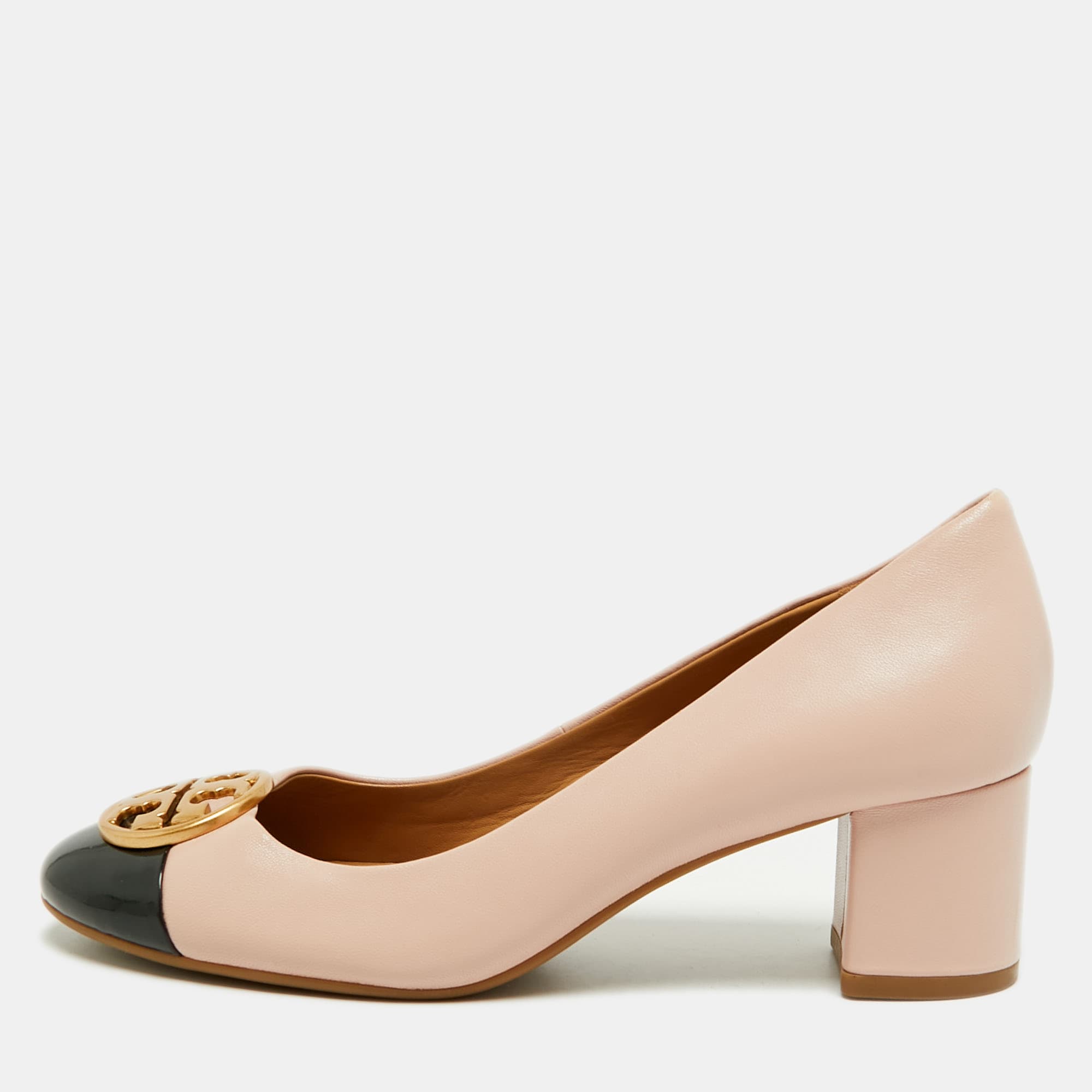 Tory Burch Chelsea Size 37 Pink/Black Leather and Patent Leather Block Heel Pumps