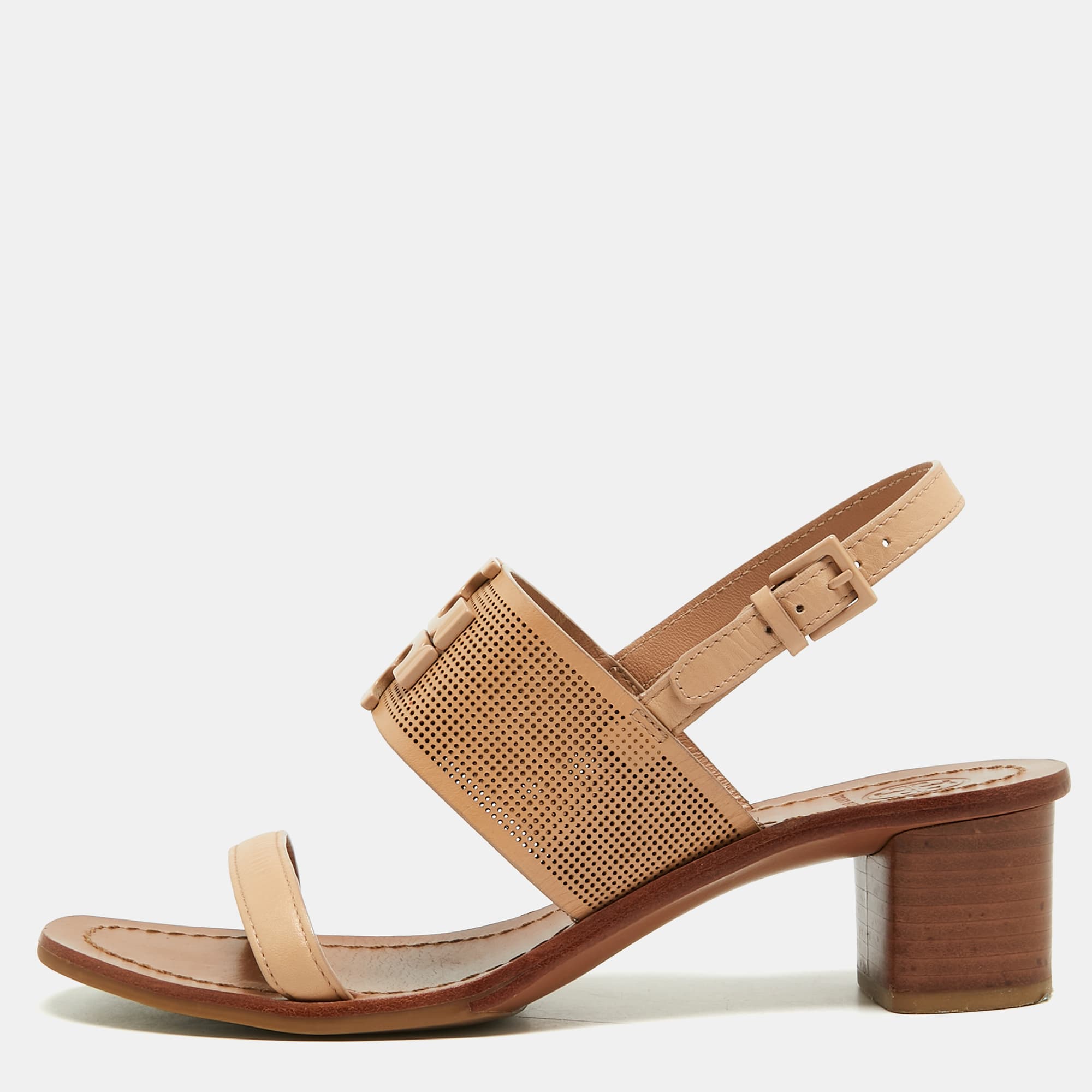 Tory Burch Eleanor Size 38 Beige Leather Block Heel Slingback Sandals