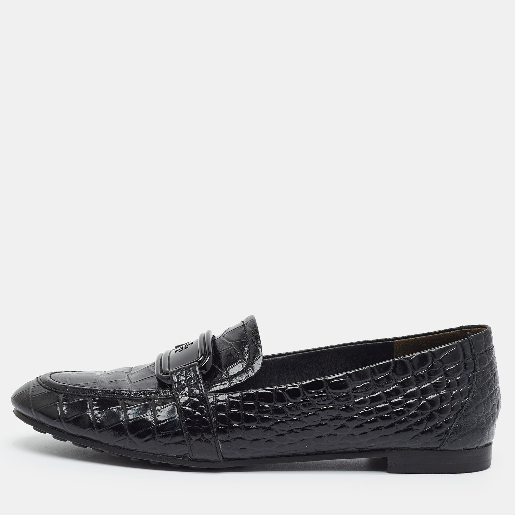 Tory Burch Size 36 Black Croc Embossed Leather Penny Loafers