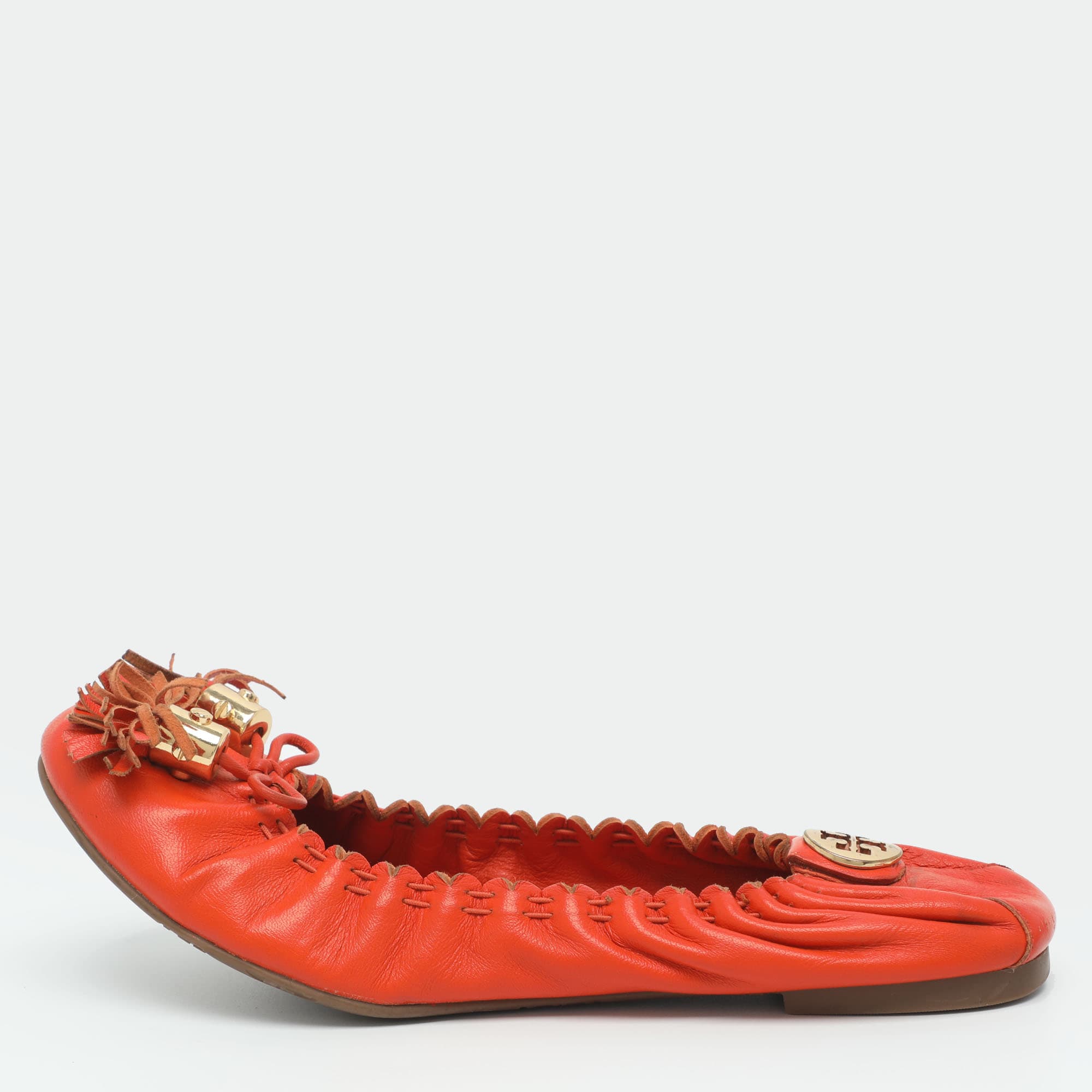 Tory Burch Size 36.5 Orange Leather Tassel Scrunch Ballet Flats