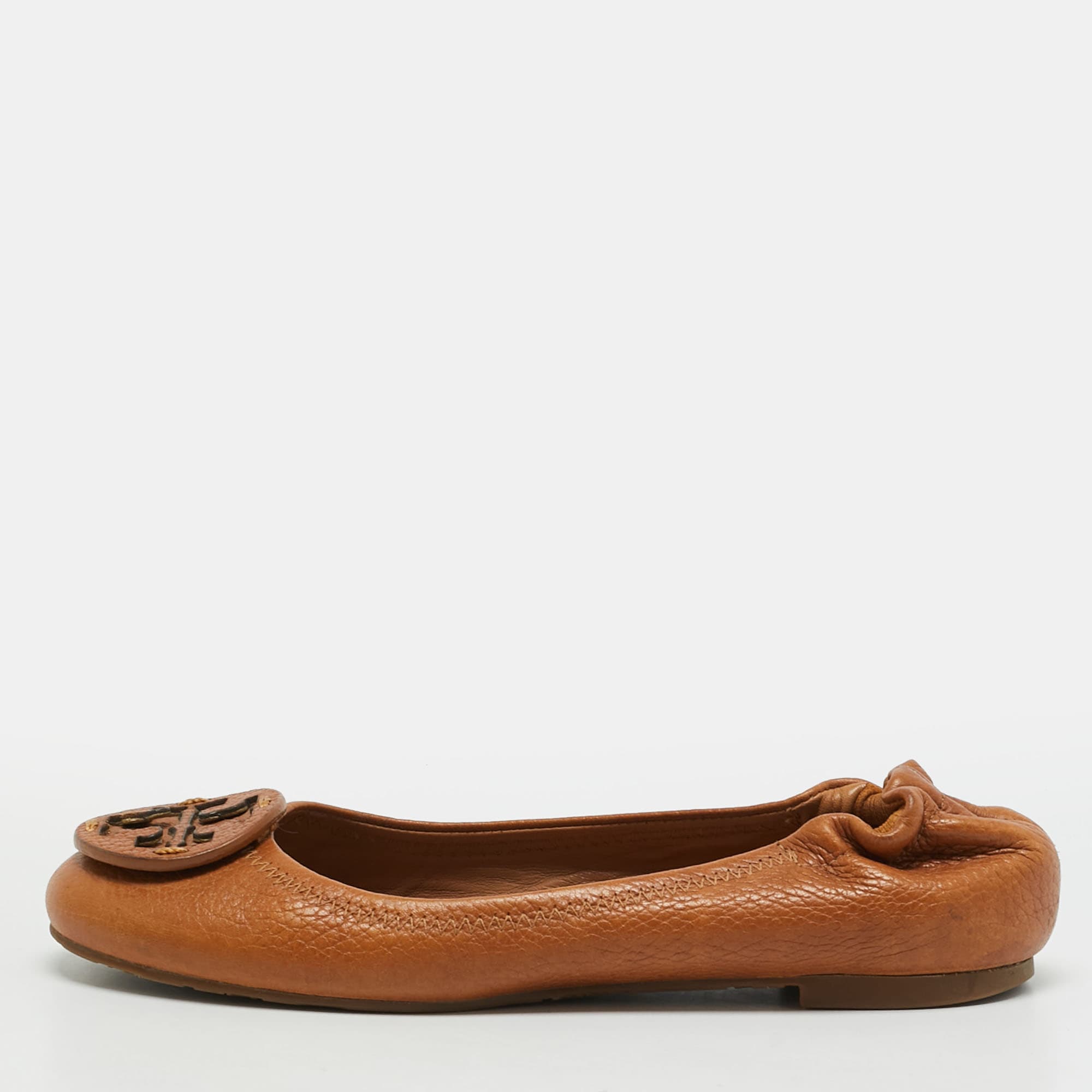 Tory Burch Reva Size 35 Brown Leather Scrunch Ballet Flats
