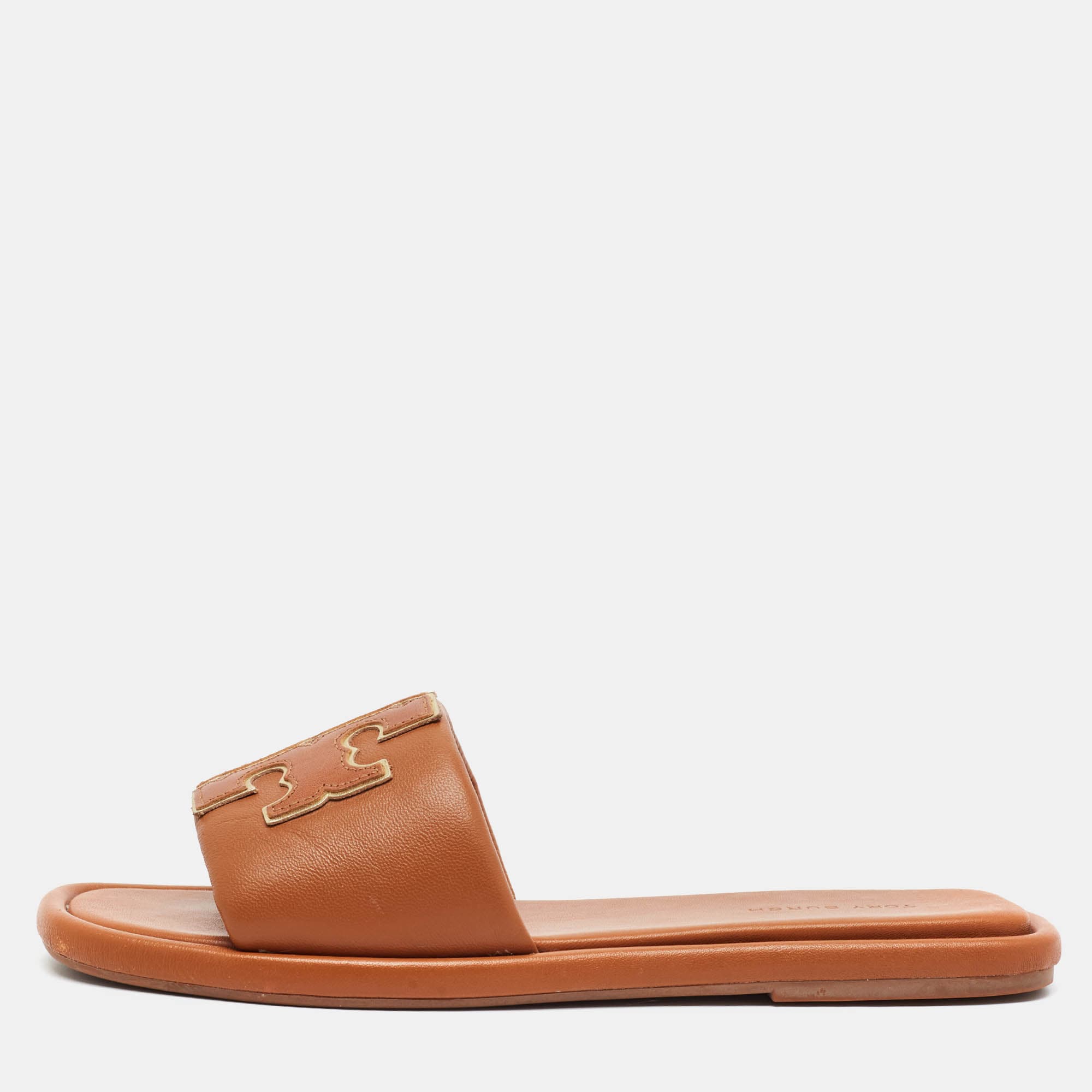 Tory Burch Double T Size 36 Brown Leather Flat Slides