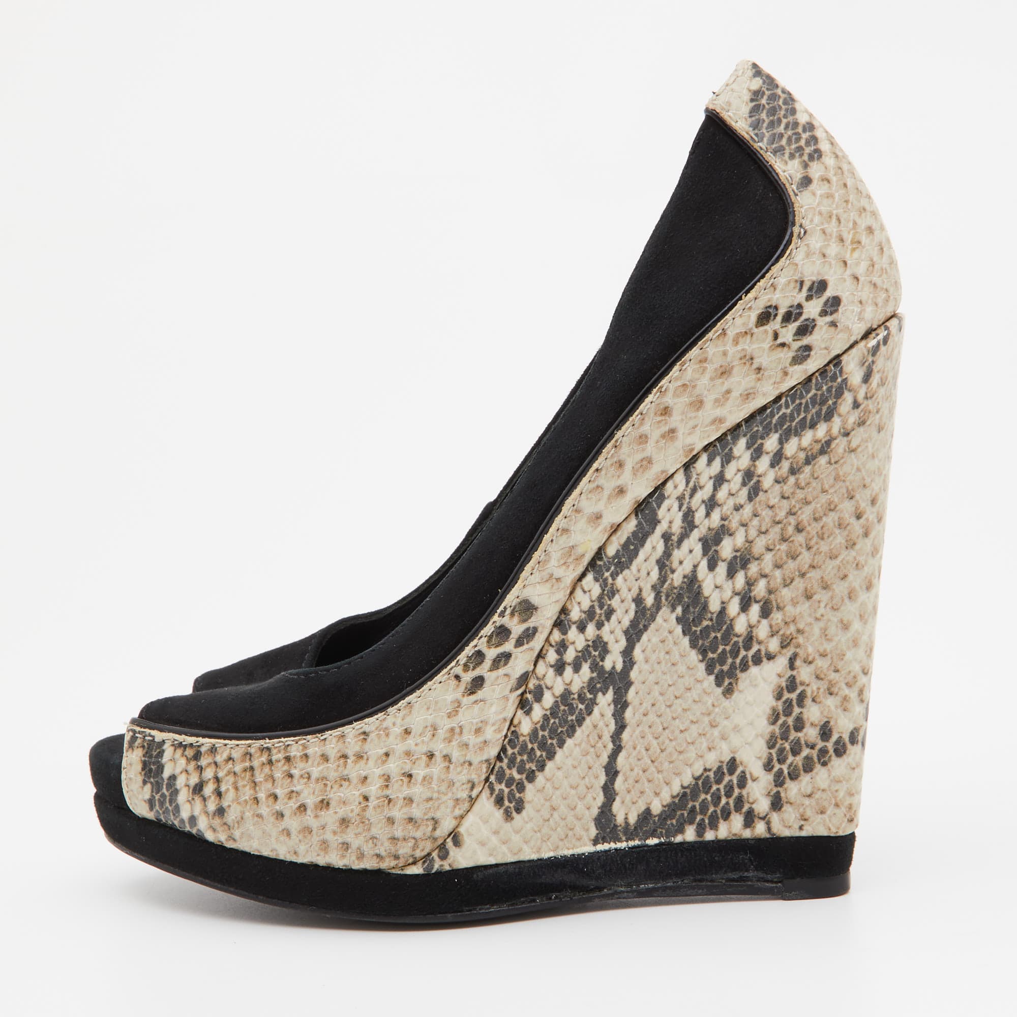 Tory Burch Black/Grey Suede and Python Embossed Leather Sandra Wedge Peep Toe Pumps Size 36.5