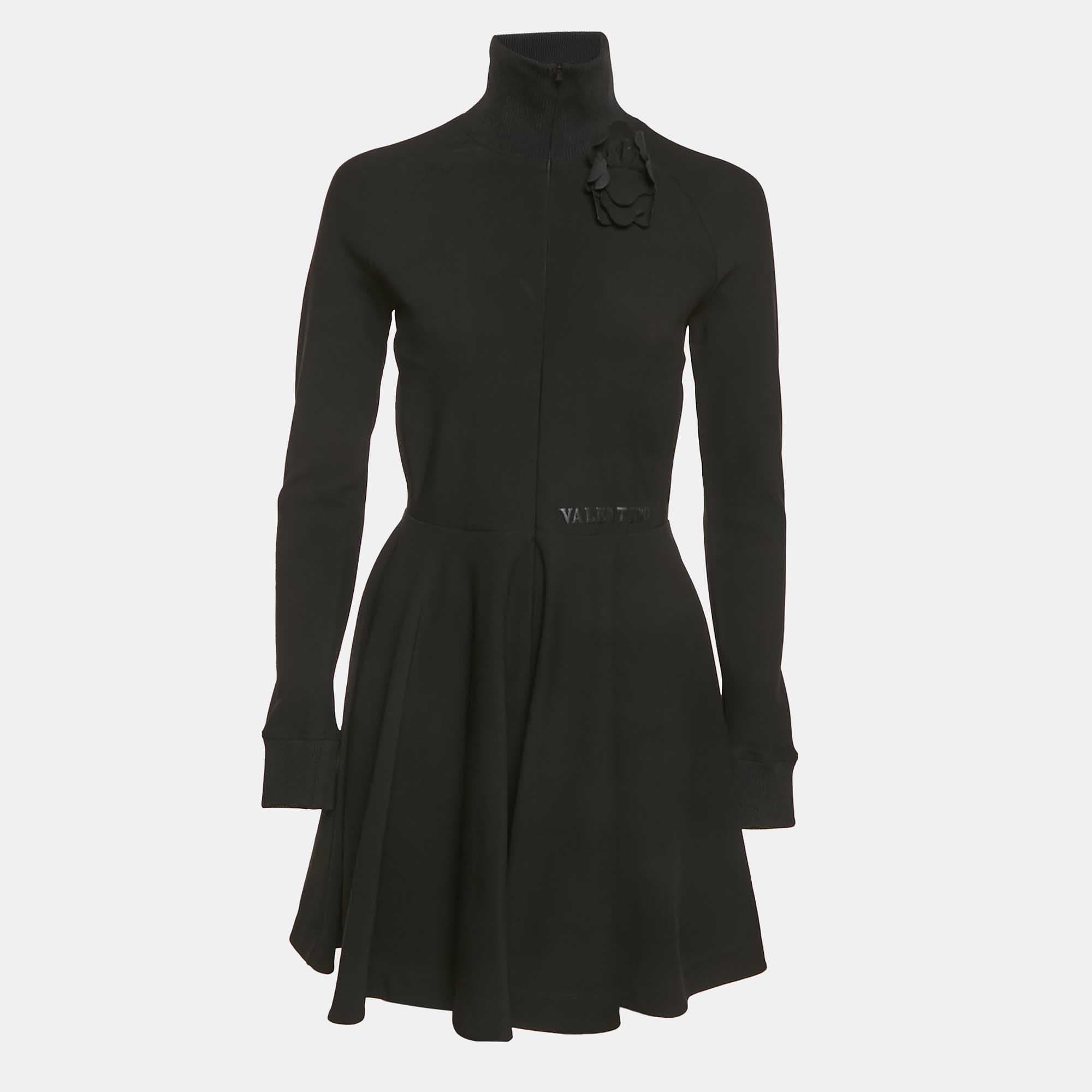 Valentino Black Jersey Floral Applique Mini Dress M