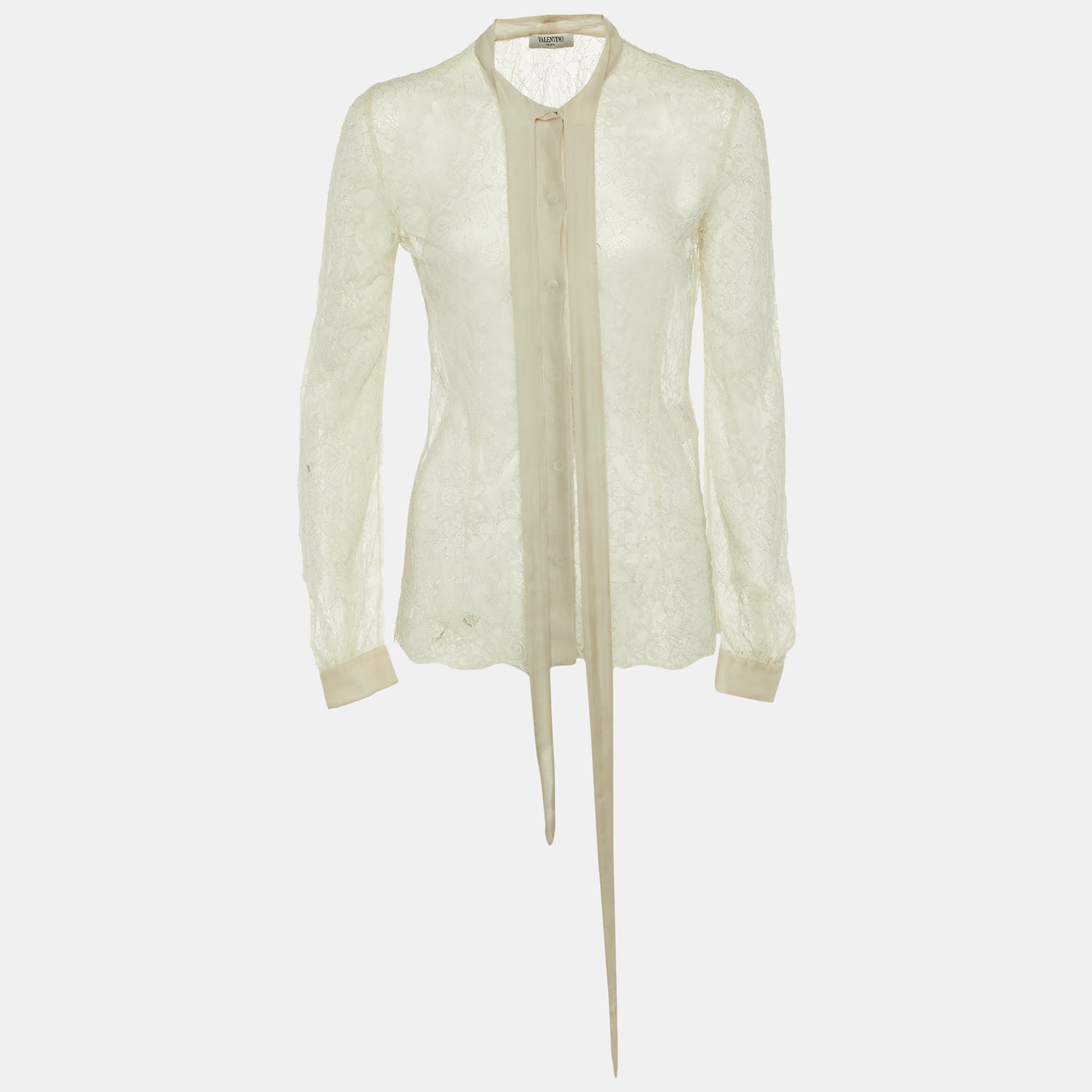 Valentino Pale Grey Lace Neck Tie Sheer Blouse S