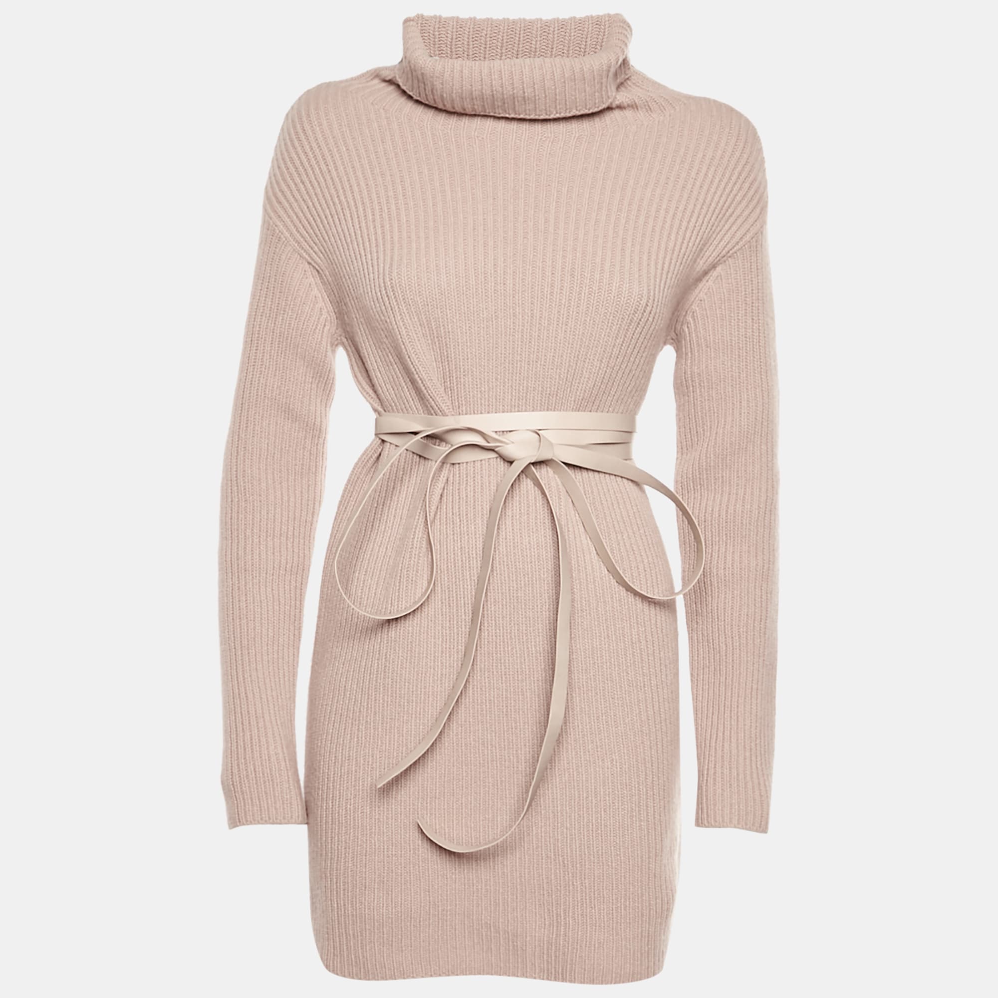Valentino Pink Rib Knit Turtle Neck Belted Mini Dress S