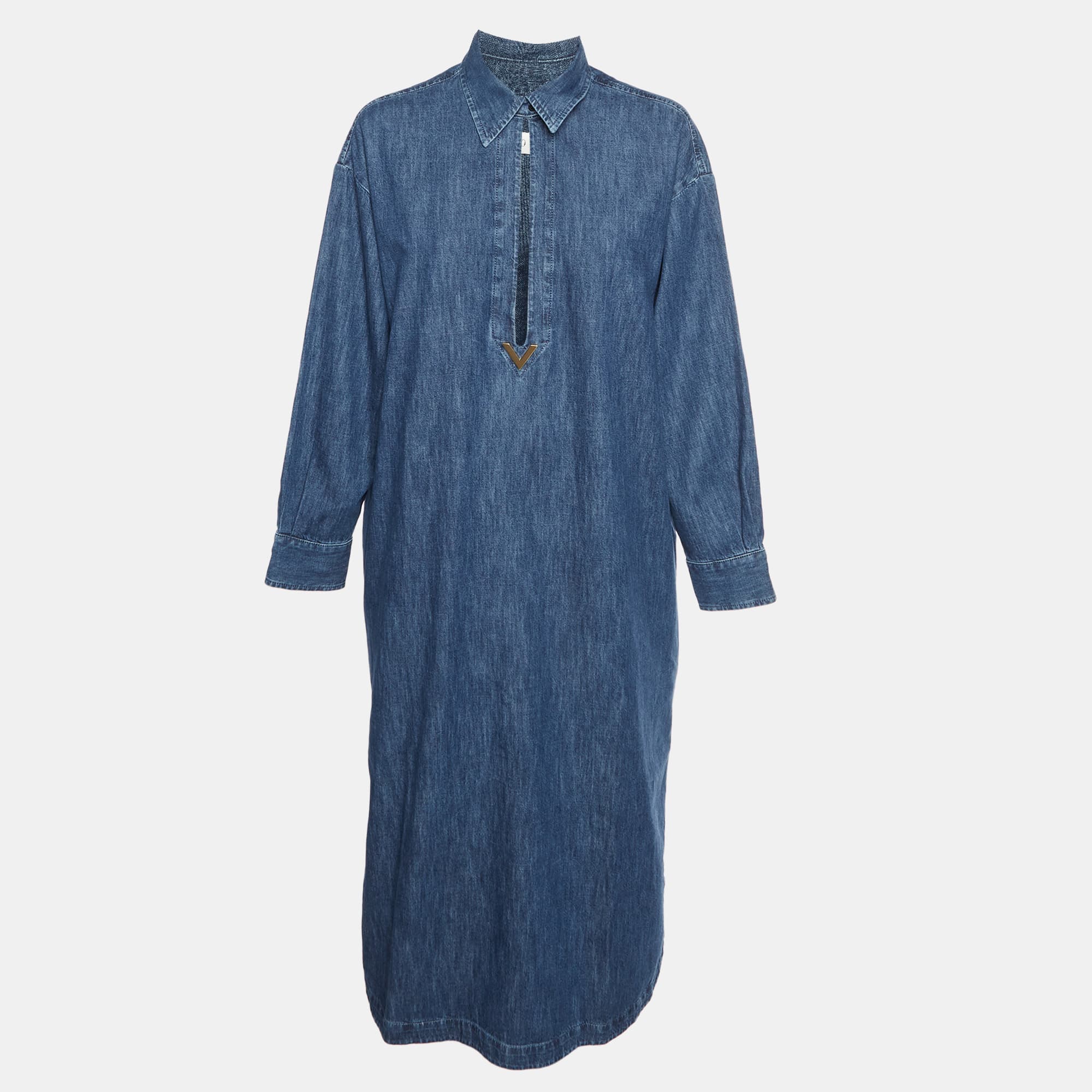 Valentino Blue Logo Plaque Embellished Denim Kaftan Maxi Dress S