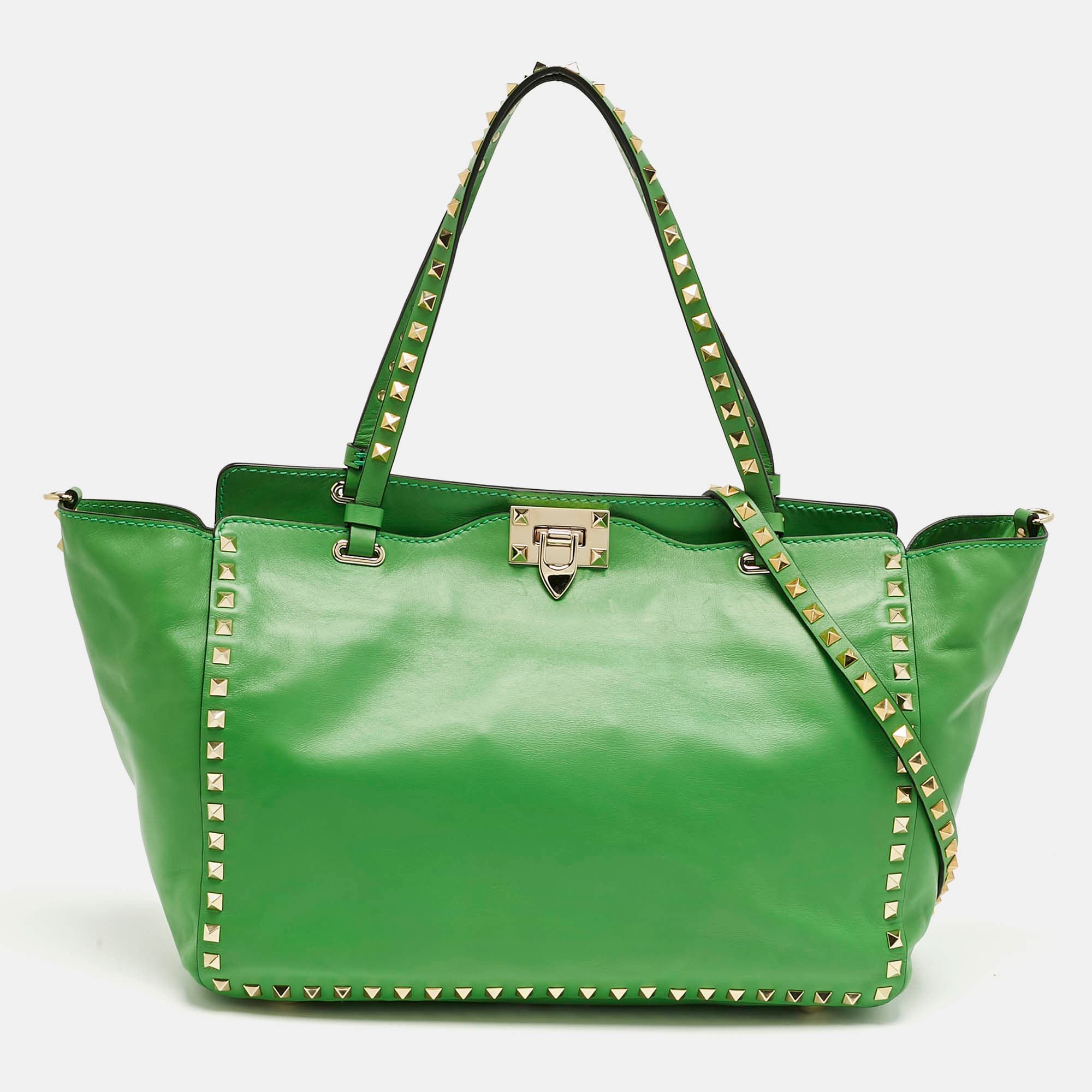 Valentino Rockstud Trapeze Medium Green Leather Tote Bag