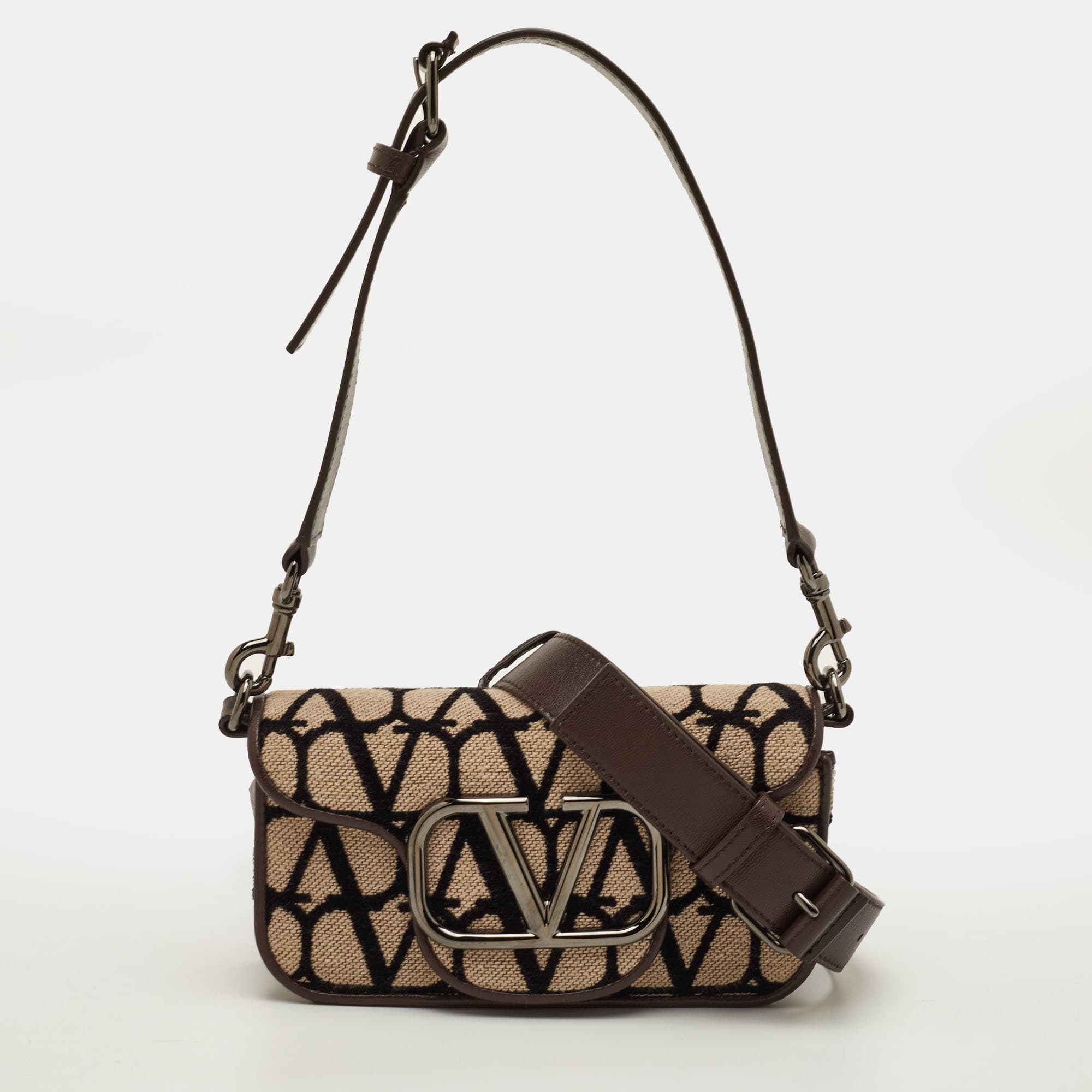Valentino Vlogo Toile Iconographe Beige/Brown Canvas and Leather Plaque Shoulder Bag