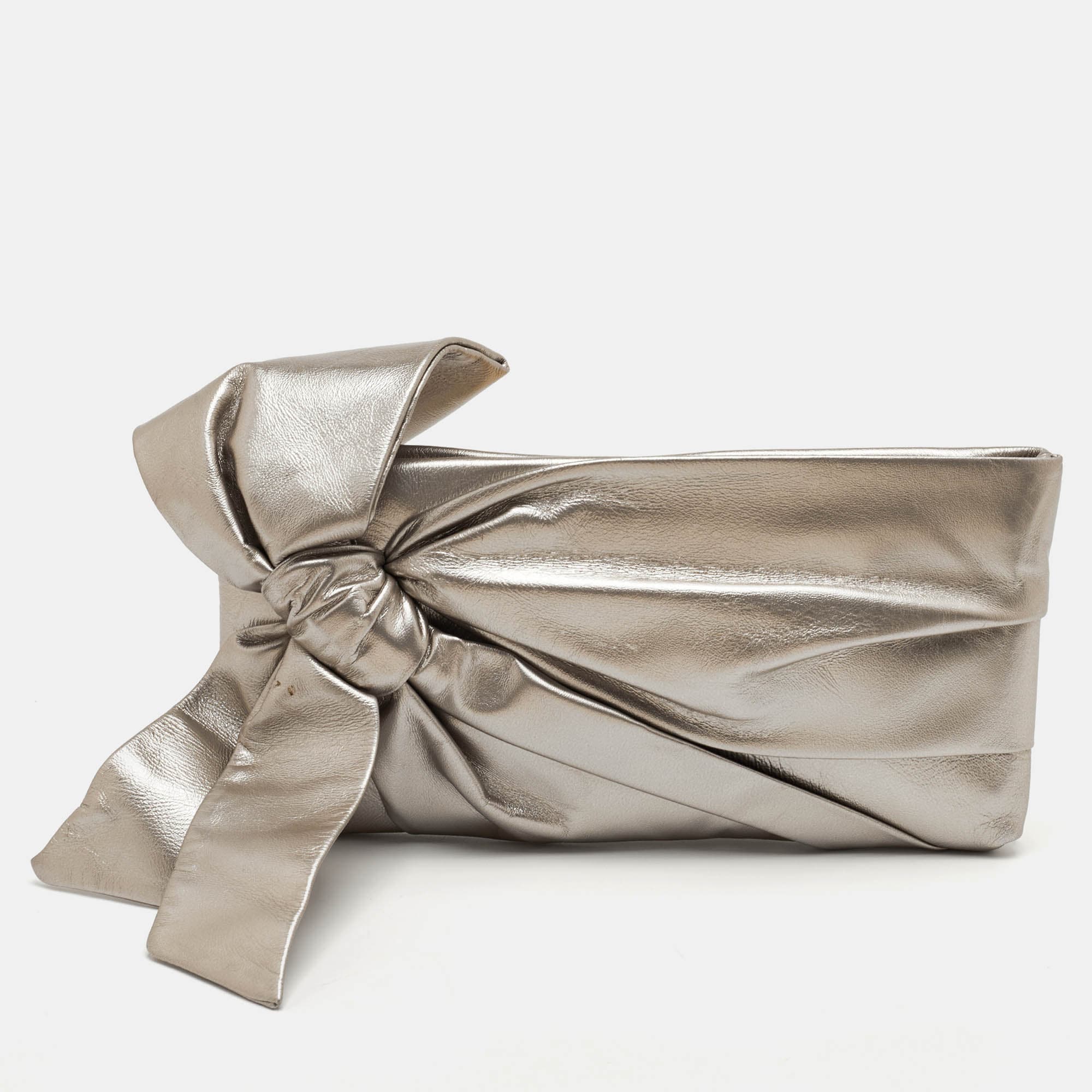 Valentino Metallic Leather Bow Pouch Clutch