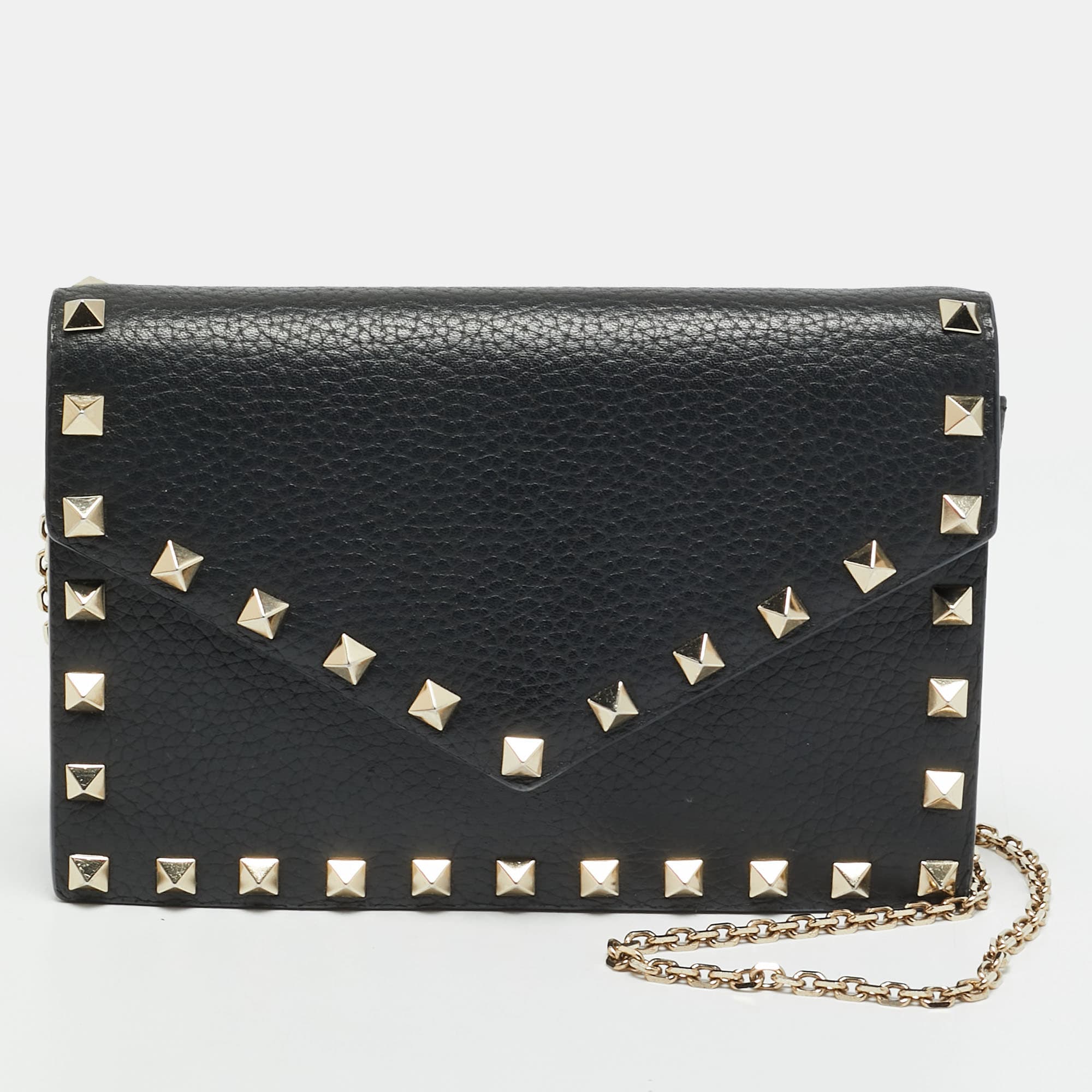 Valentino Rockstud Envelope Black Leather Wallet on Chain