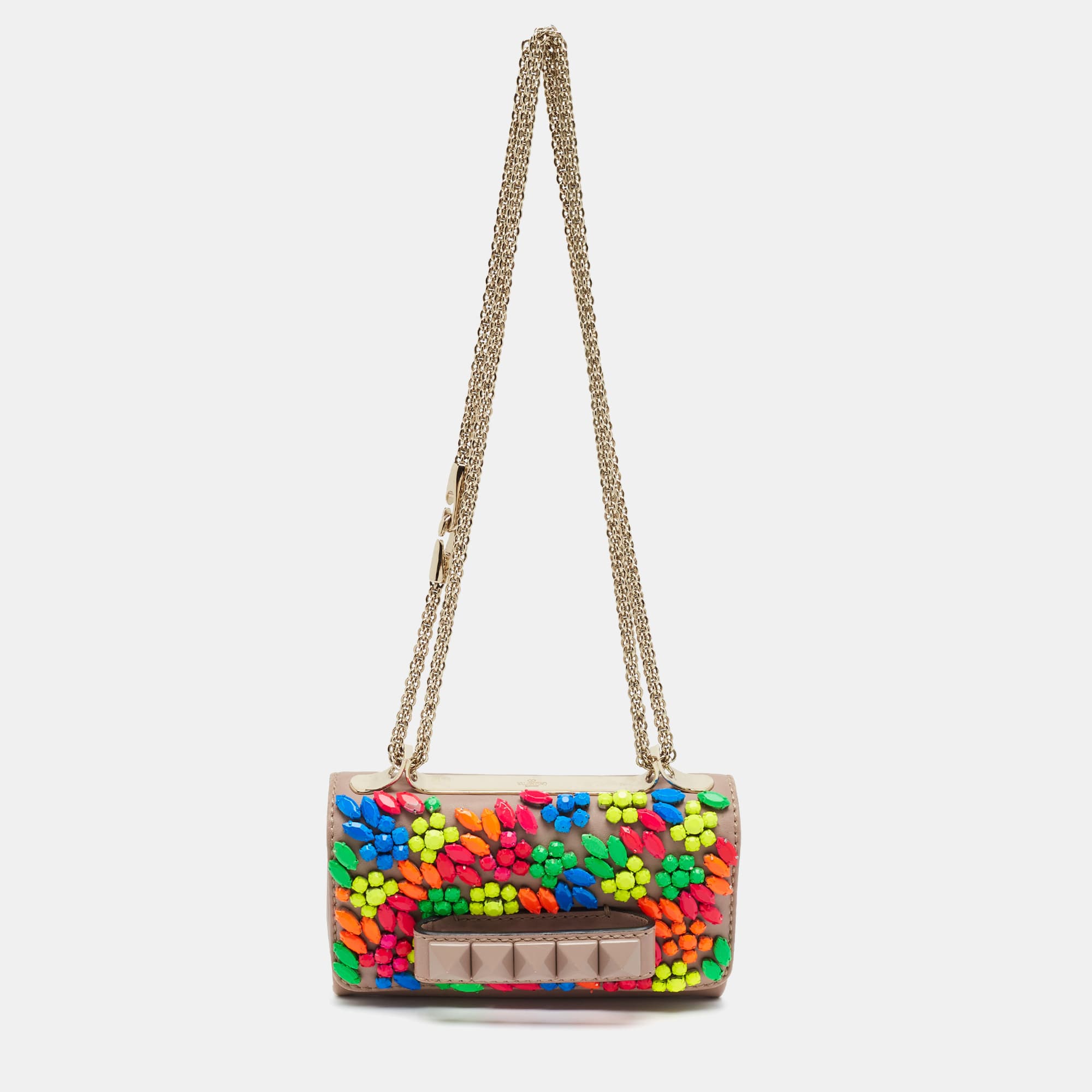 Valentino Va Va Voom Embellished Mini Beige Leather Chain Bag