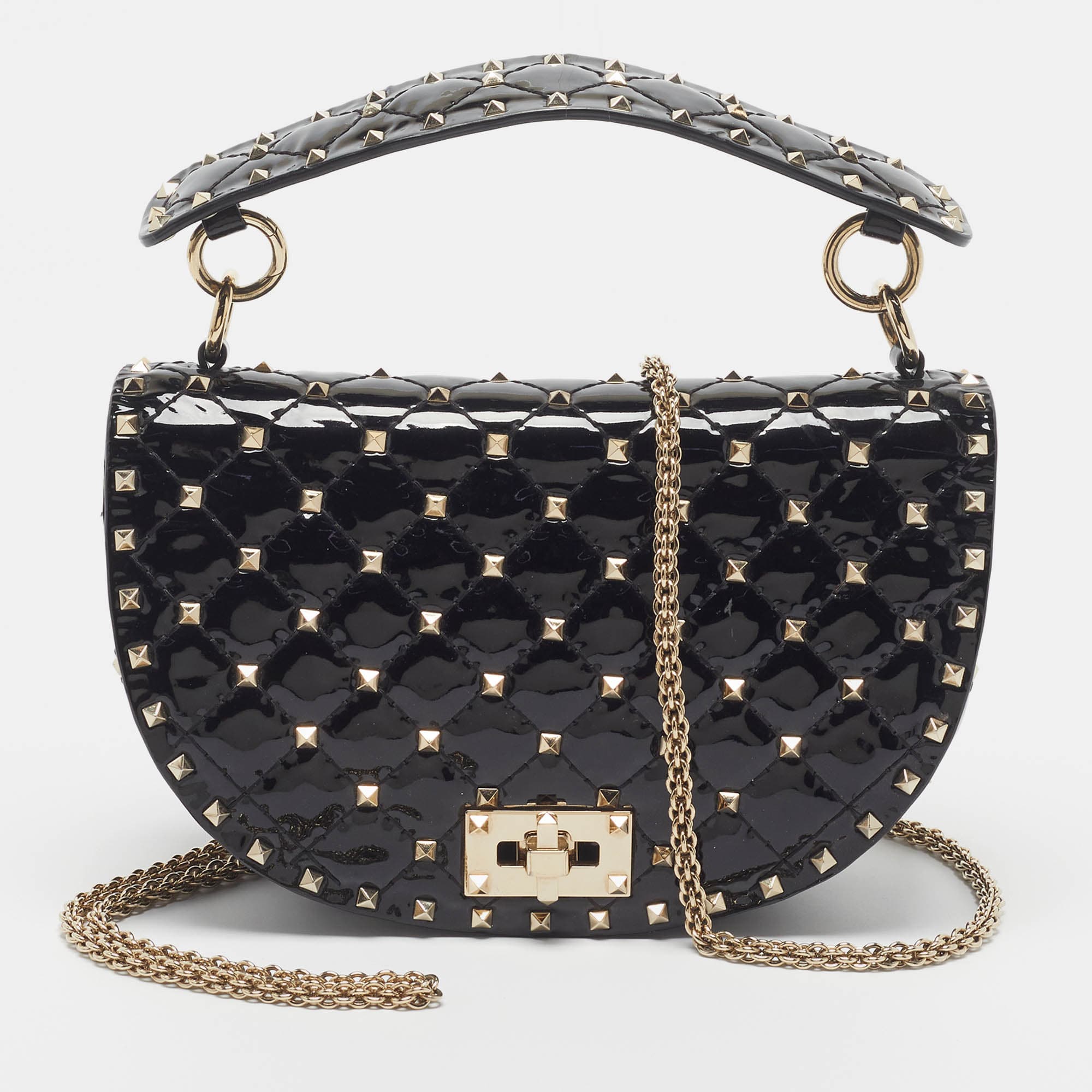 Valentino Rockstud Spike Halfmoon Black Patent Leather Saddle Bag