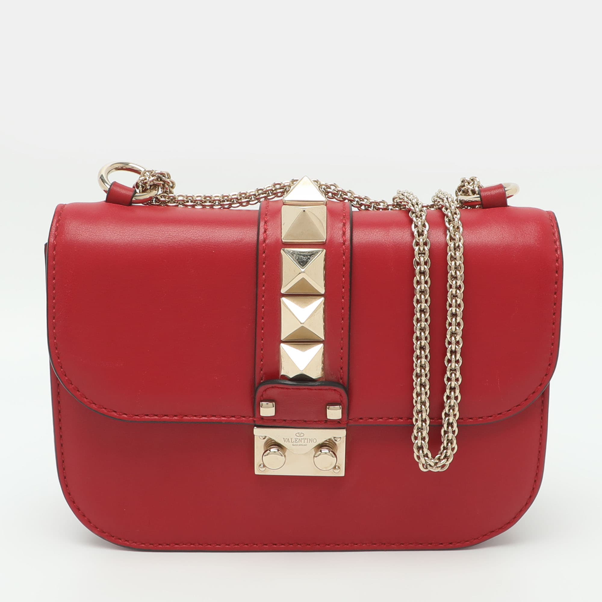 Valentino Glam Lock Small Red Leather Shoulder Bag